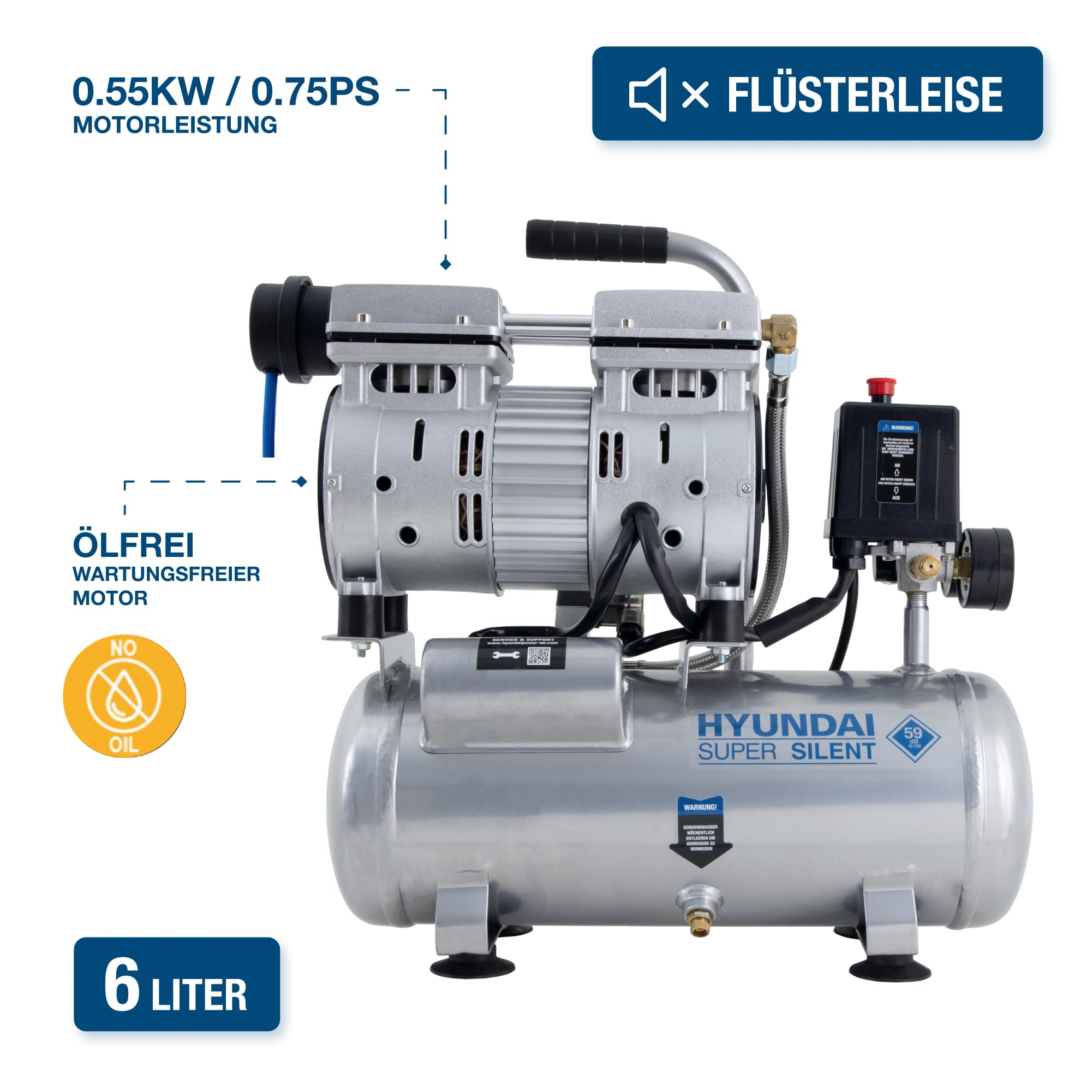 HYUNDAI Silent Kompressor SAC55751 6L 8bar ölfrei 0.55kW 93 L/Min 59dB leise