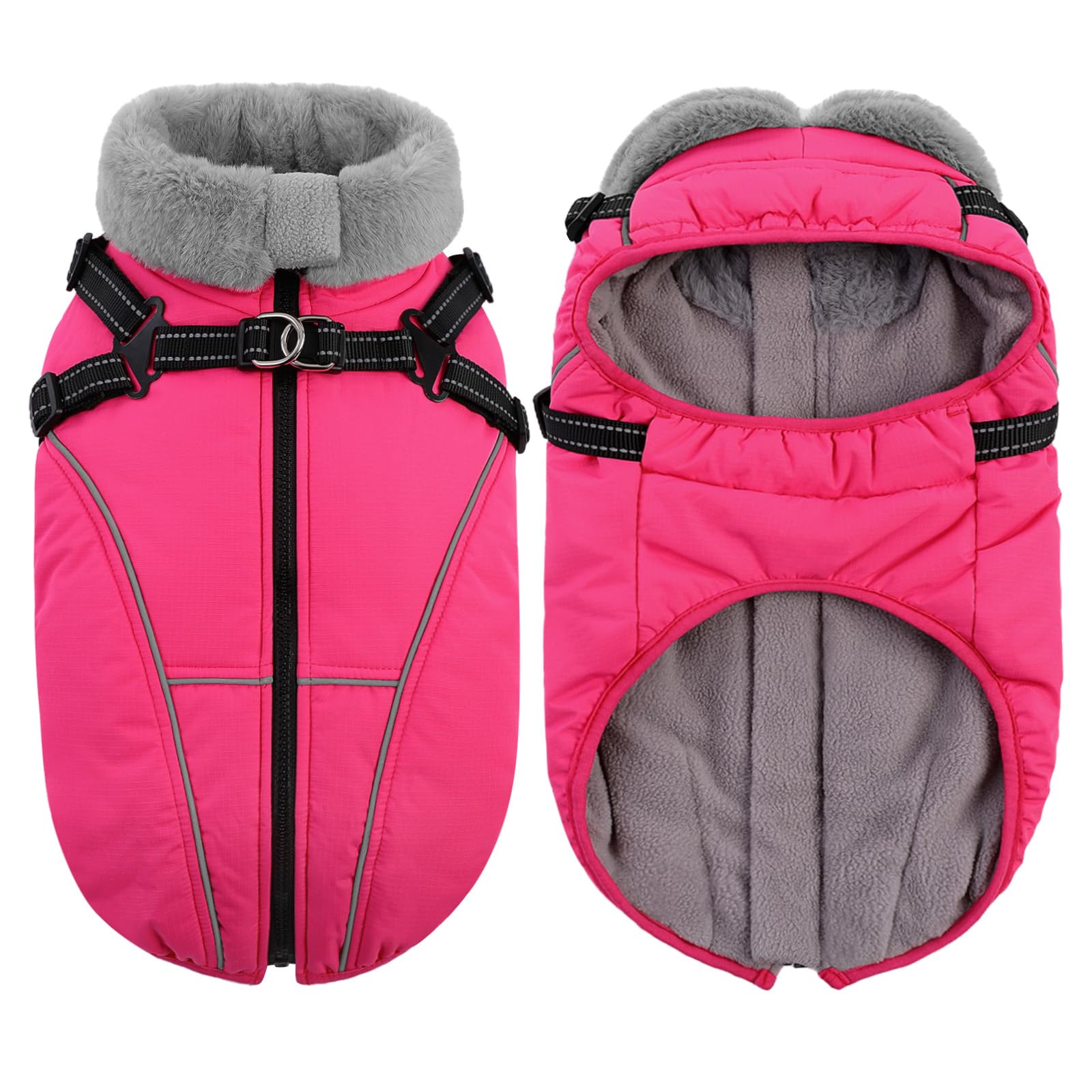 Queenmore Abrigo Perro Impermeable con Arnés | Abrigo Invernal con Forro Polar para Perros Grandes | para Clima Extremo Razas Gigantes(Rosa, 3XL)