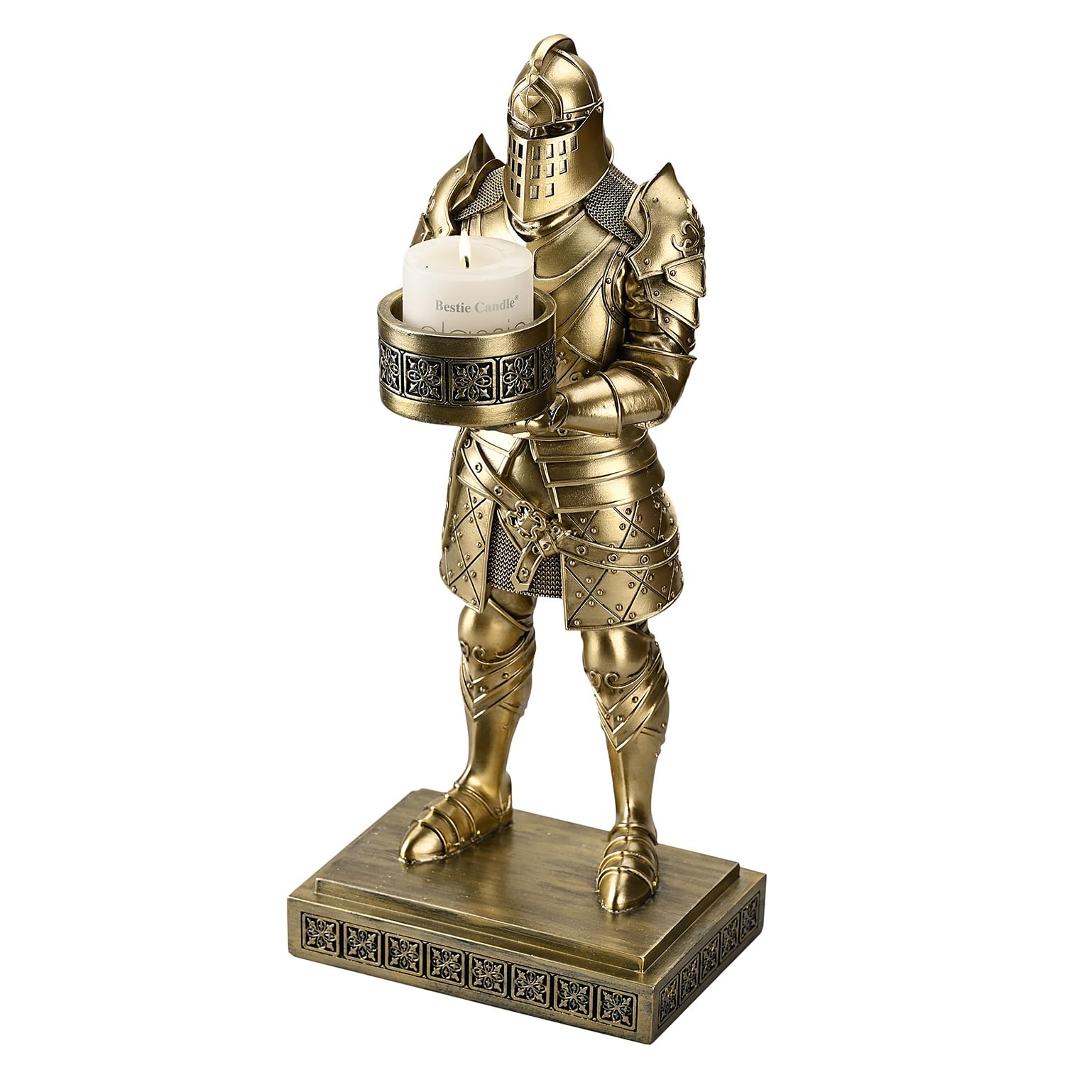 Amoysanli Medieval Armored Warrior Big Candlestick Holder Resin Tealight Holder Warrior Decorative Bookends Desktop Small Container for Key, Safety Pins, Crafts, Metal Clips 15.12 Inch (Bronze)