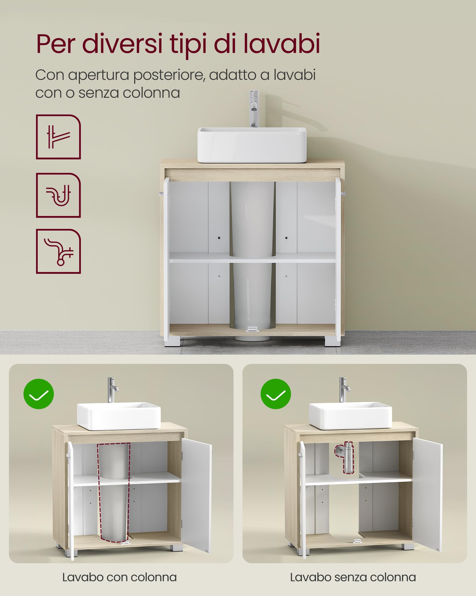 VASAGLE Mobile Sottolavabo, Mobile da Bagno, 2 Scomparti dietro le Ante, per Diversi Tipi di Lavabi, con Piedini, 30 x 60 x 60 cm, Beige Naturale e Bianco Nuvola BBK506L01