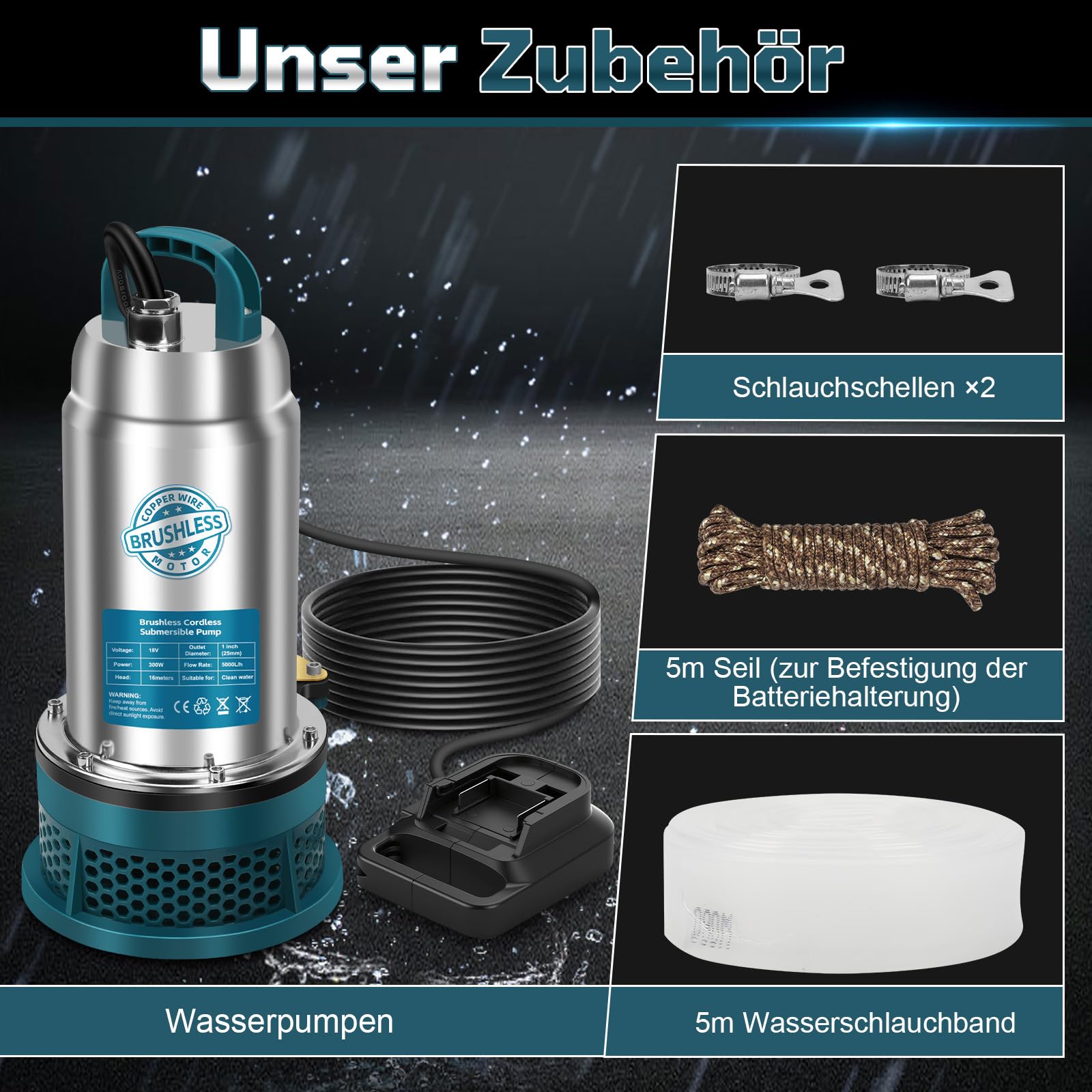 Bomba sumergible compatible con batería Makita de 18 V (sin batería) – 5000L/H Bomba de agua inalámbrica con manguera de 10 m, cable de conexión de 5 m, ideal para piscina, cama de agua, riego de