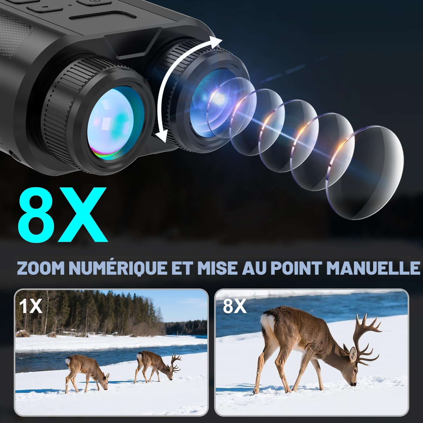 Jumelle Vision Nocturne 4K 48MP, Jumelles Infrarouges avec 7 Niveaux, Zoom Numérique 8X avec 2,4" TFT LCD, Batterie Rechargeable 2500mAh avec Carte 32GB, pour Observation des Animaux