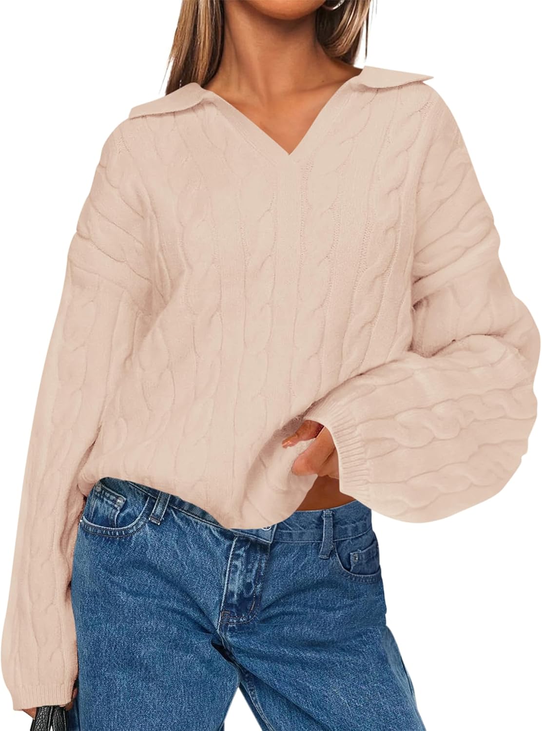 BTFBM Women’s Oversized Sweaters Fall Fashion Clothes 2025 Trendy Knit Pullover Casual Long Sleeve V Neck Sweater Jumper Tops