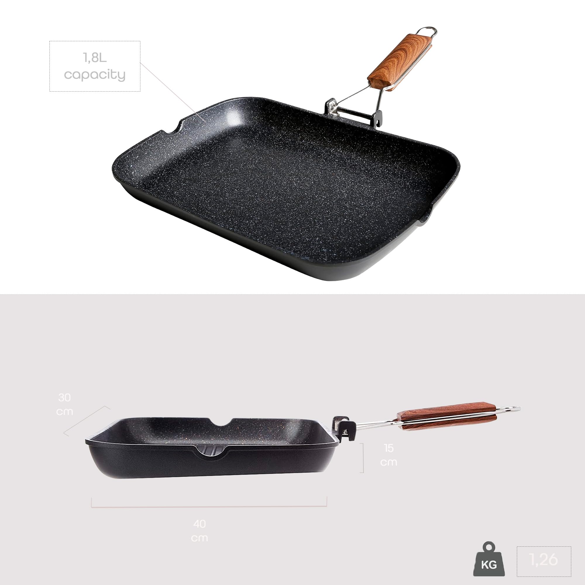 WECOOK! Ecochef Grill Asador Inducción Liso 34 X 24cm, Antiadherente QUANTANIUM Ecológico sin PFOA, Aluminio Fundido, 5mm Espesor, Mango Madera Plegable, Apta Todas las Cocinas Vitrocerámica, Gas