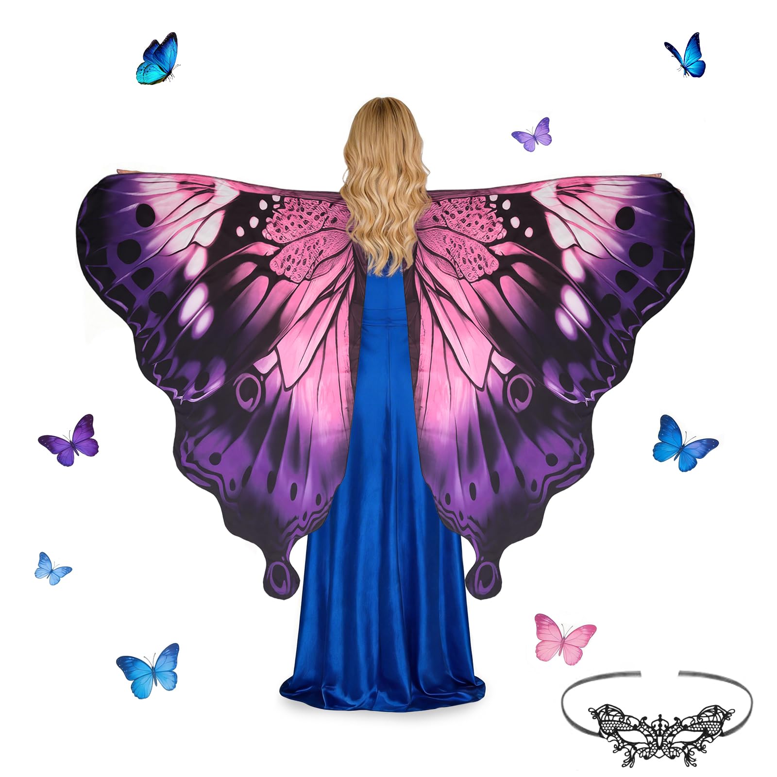 Plliocse Butterfly Wings Costume with Headband Mask Set, Adults Fairy Wings, Butterfly Cape, Halloween Costumes for Women,Party Dress Up Photo Prop (Lavender)