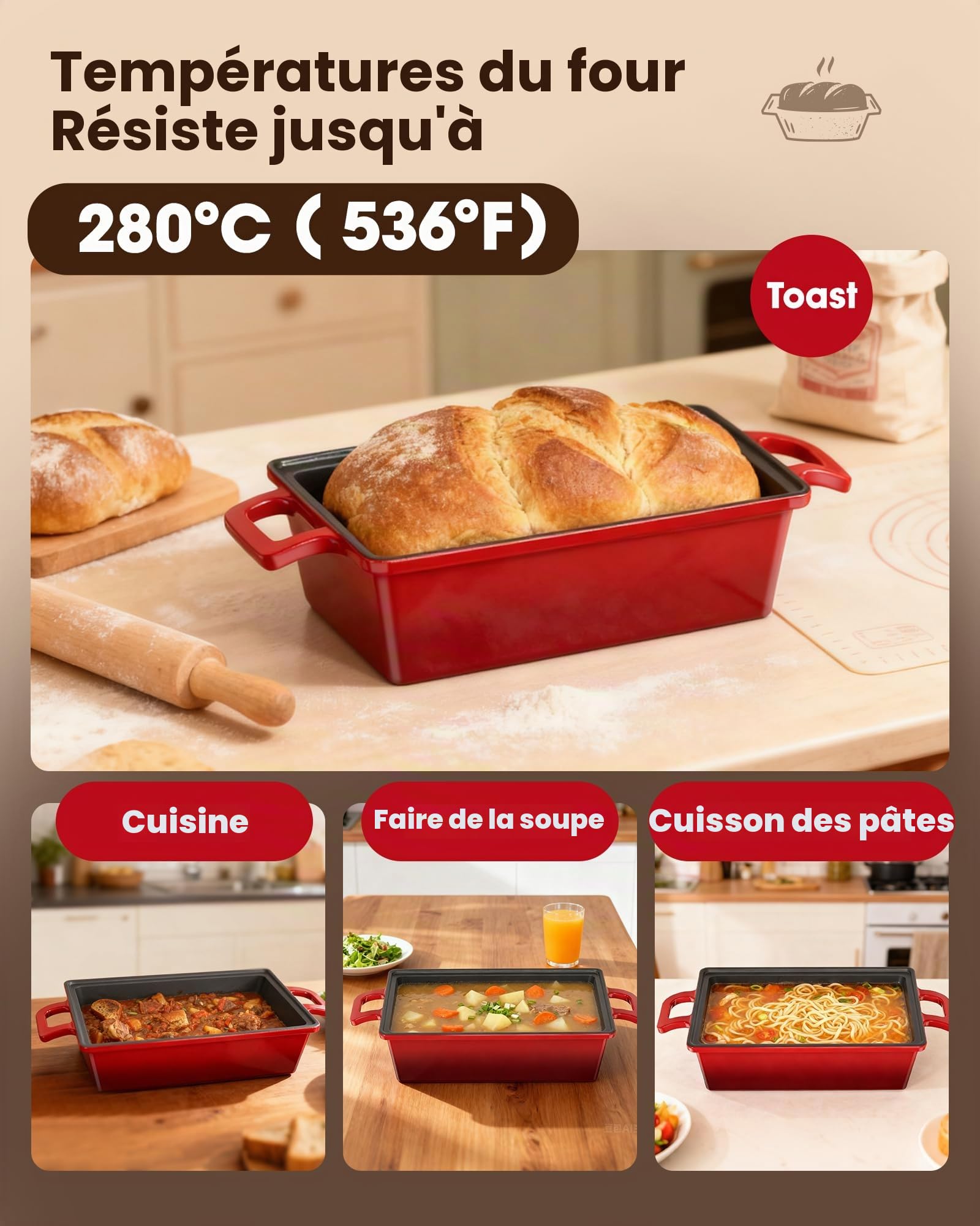iHomara Moule à pain avec couvercle, 21 cm casserole en fonte pour cuire la pâte, 2-en-1 plaque ou récipient, allant au four