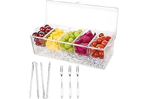 Condiment Server Caddy and Cold Serving Tray with Garnish Holder and 5 Removable Serving Dishes