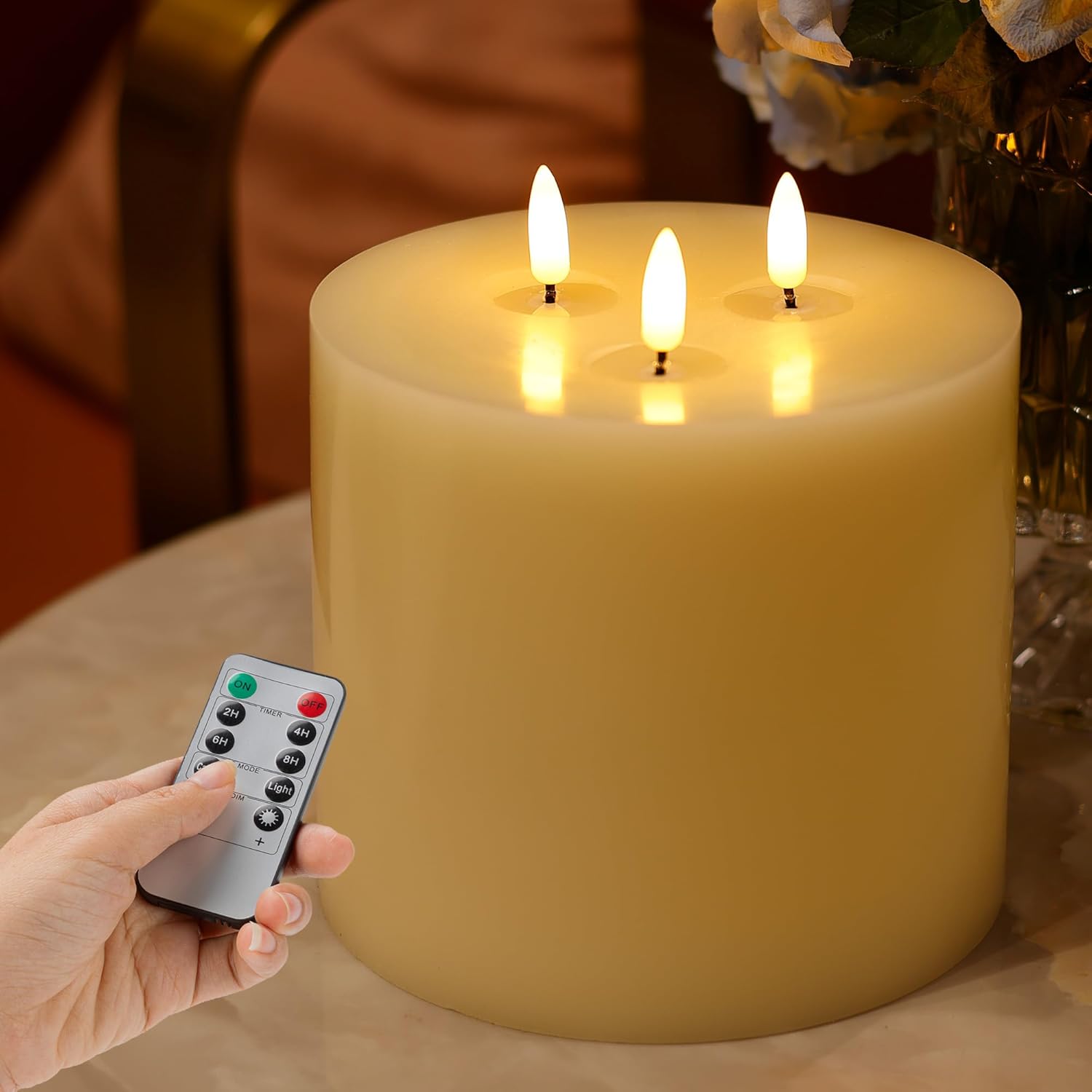 Extra Large Flameless Pillar Candle 6x6, 3 Wick Battery Operated LED Candle with Remote & Timer, 3D Triple Flame Real Wax Shell Candle for Cozy Home Decor