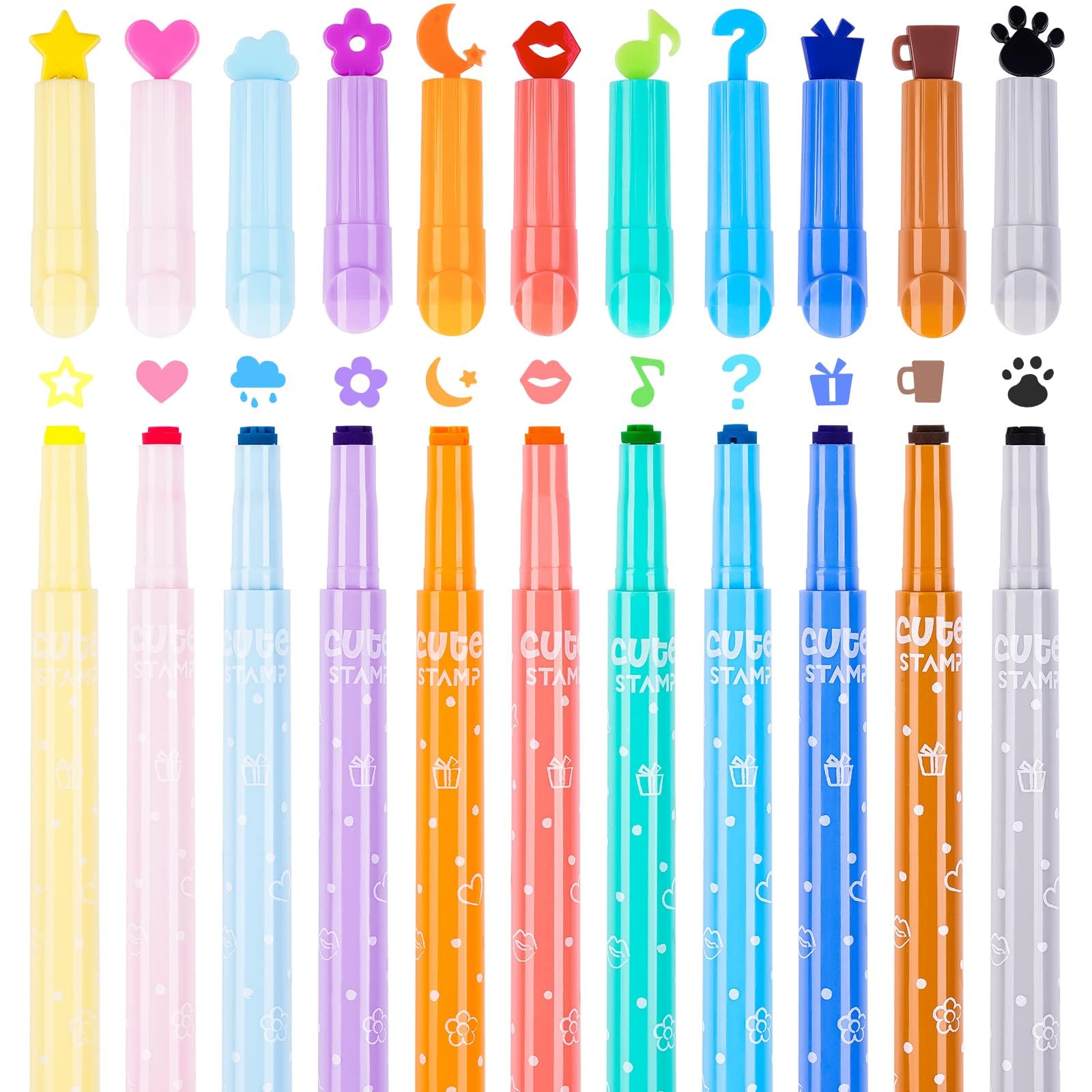 NiArt 11-Pack Cute Candy Color Highlighters with Mini Stamper Tips for Coloring, Drawing, Illustrating, Journaling and Art Crafts, Creative School Classroom Self-Inking Stationery for Kids