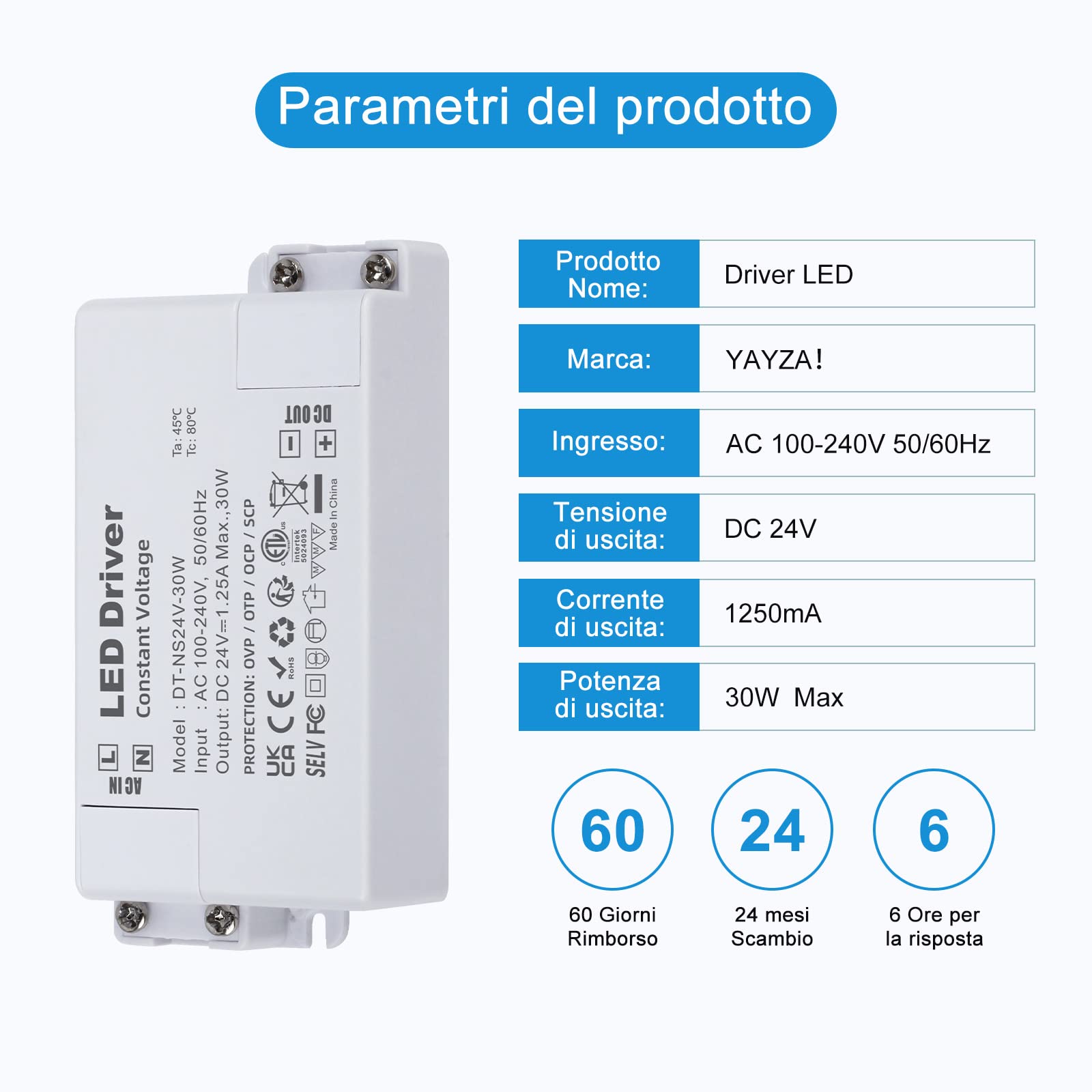 Alimentatore LED 24V 30W - Trasformatore 220V A 24V DC, IP44 Per Strisce LED E Luci - Foto 5