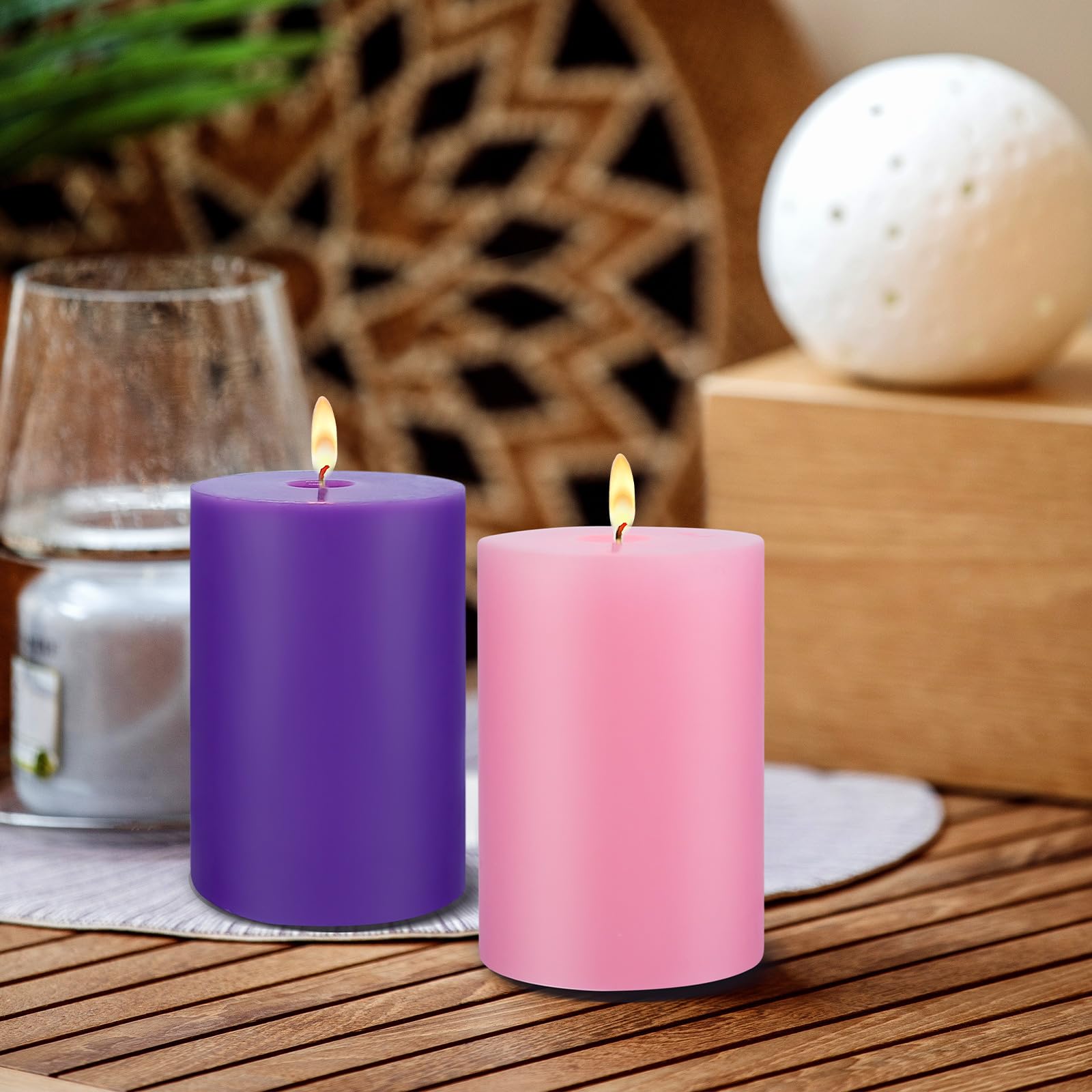 Christmas Candles - 4 Unscented Purple Pink Holiday Taper Candles, 2x3 inch, Home Decor, Unscented Advent Wreath Candles for Christmas, Home Decor, Celebration