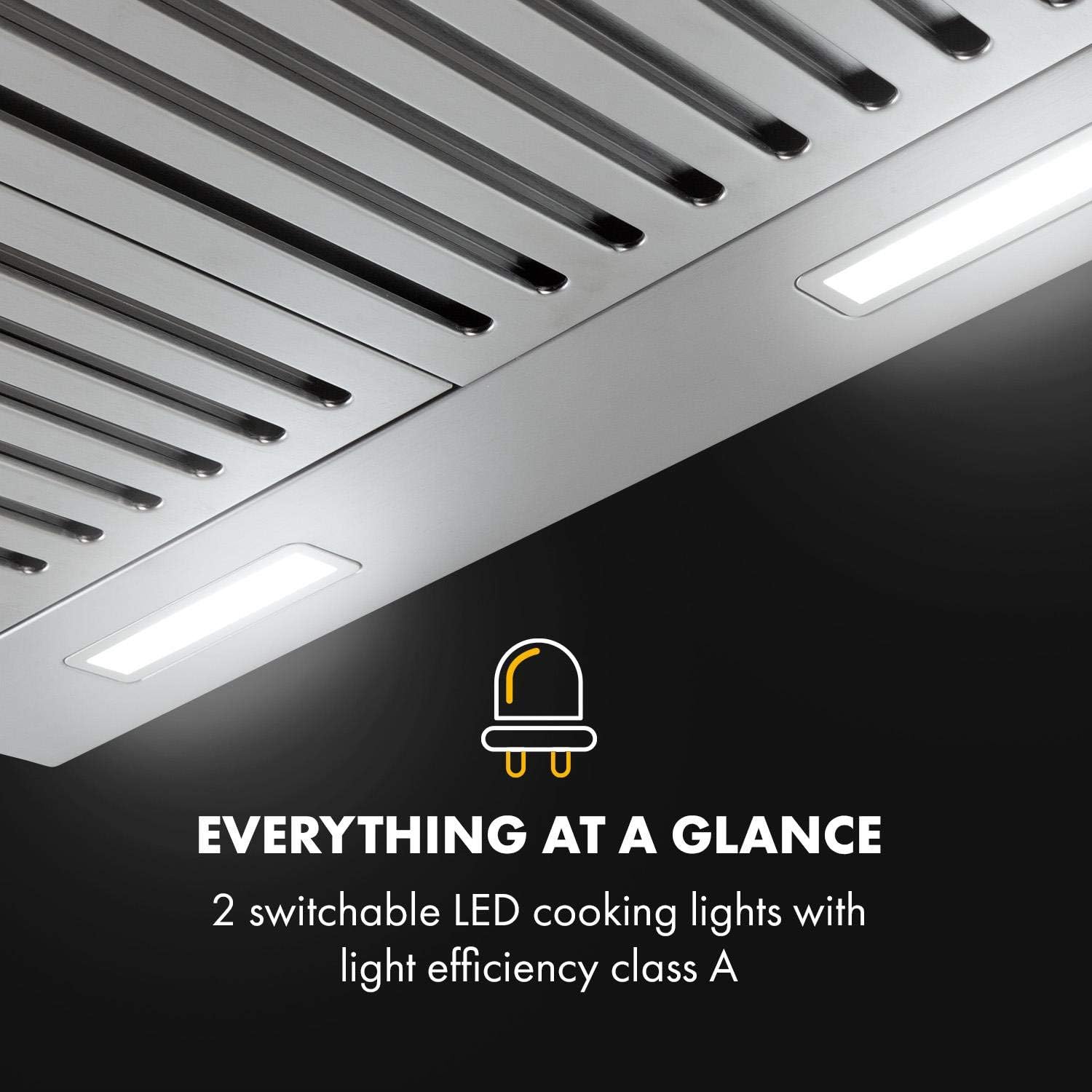ახლოდან view of the two LED cooking lights on the Klarstein Purista Americana extractor hood.