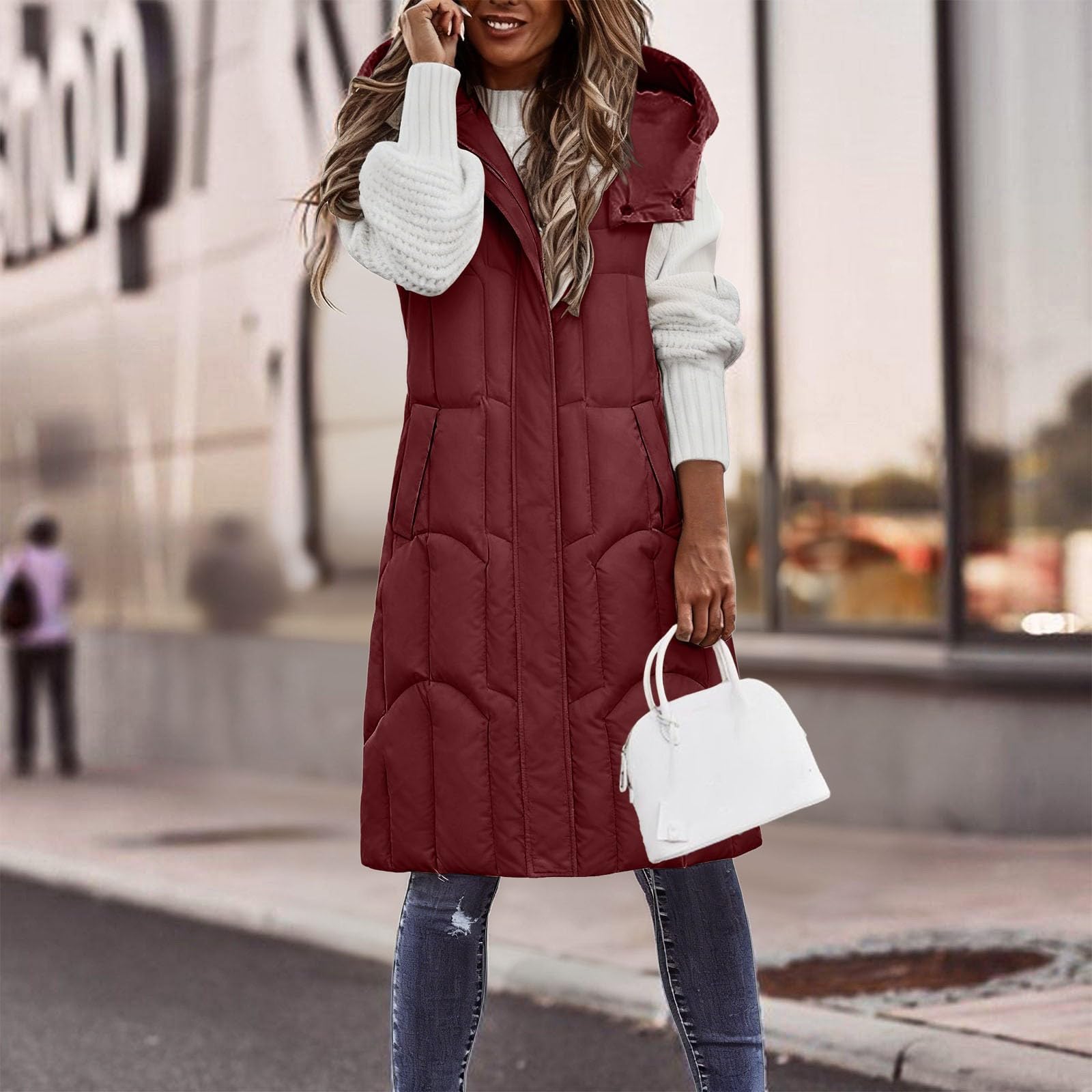 Chaqueta Mujer Abrigo Entretiempo Invierno Cazadora Plumiferos，Abrigo Térmico Largo Plumas Mujer Sin Mangas Acolchado Cintura Atada Medio Capucha