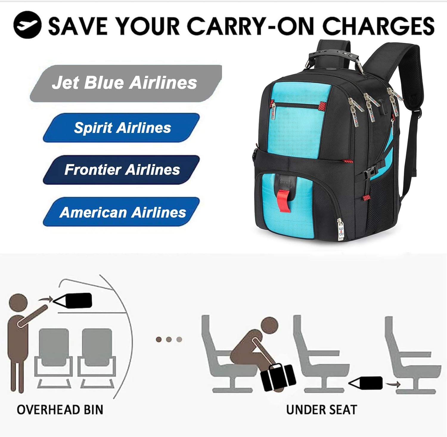 17x13x8 Inches Laptop College Travel Backpacks for Men Women, Under-Seat Backpack for JetBlue, Spirit (Blue)