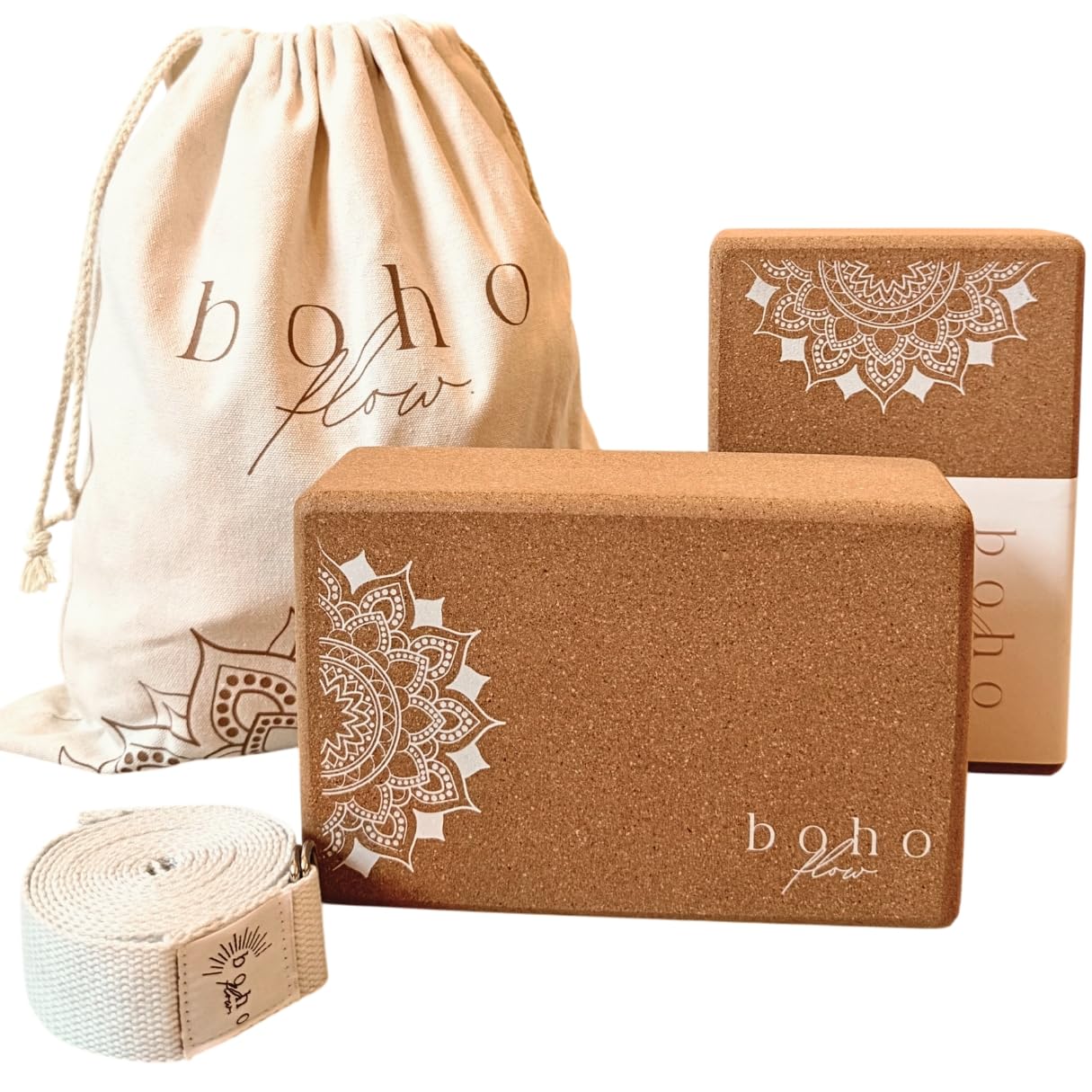 Yoga-Blöcke aus Kork, 2 Stück, 22,9 x 15,2 x 7,6 cm, FSC-zertifizierter, portugiesischer Kork, Yoga-Blöcke mit Yoga-Gurt und Tragetasche, rutschfest, umweltfreundlich und langlebig