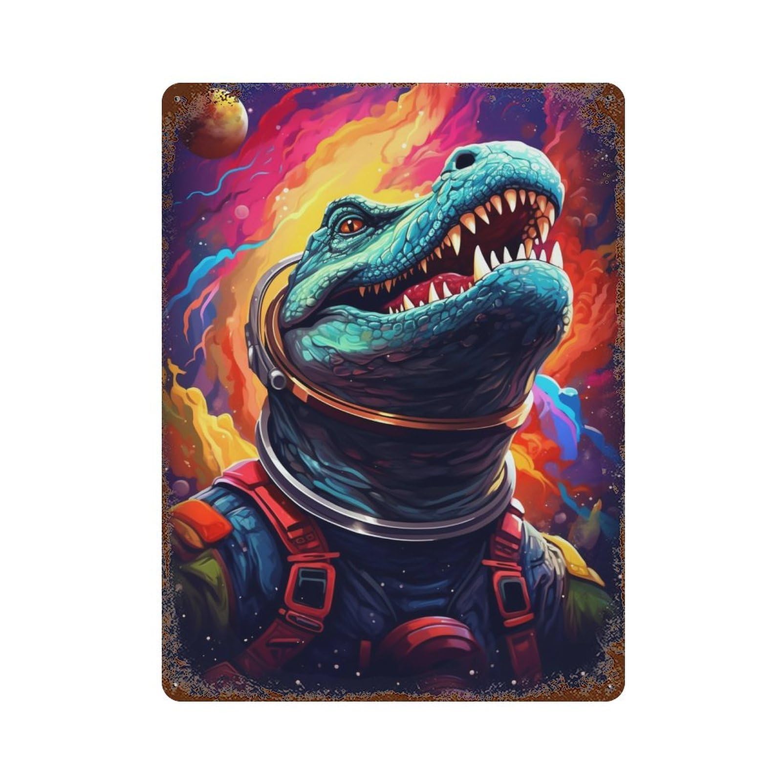 Garage Style Space Crocodile Astronaut Art Print Decorative Tin Sign 15.7"x11.8", Novelty Wall Decor for Bar And Workshop