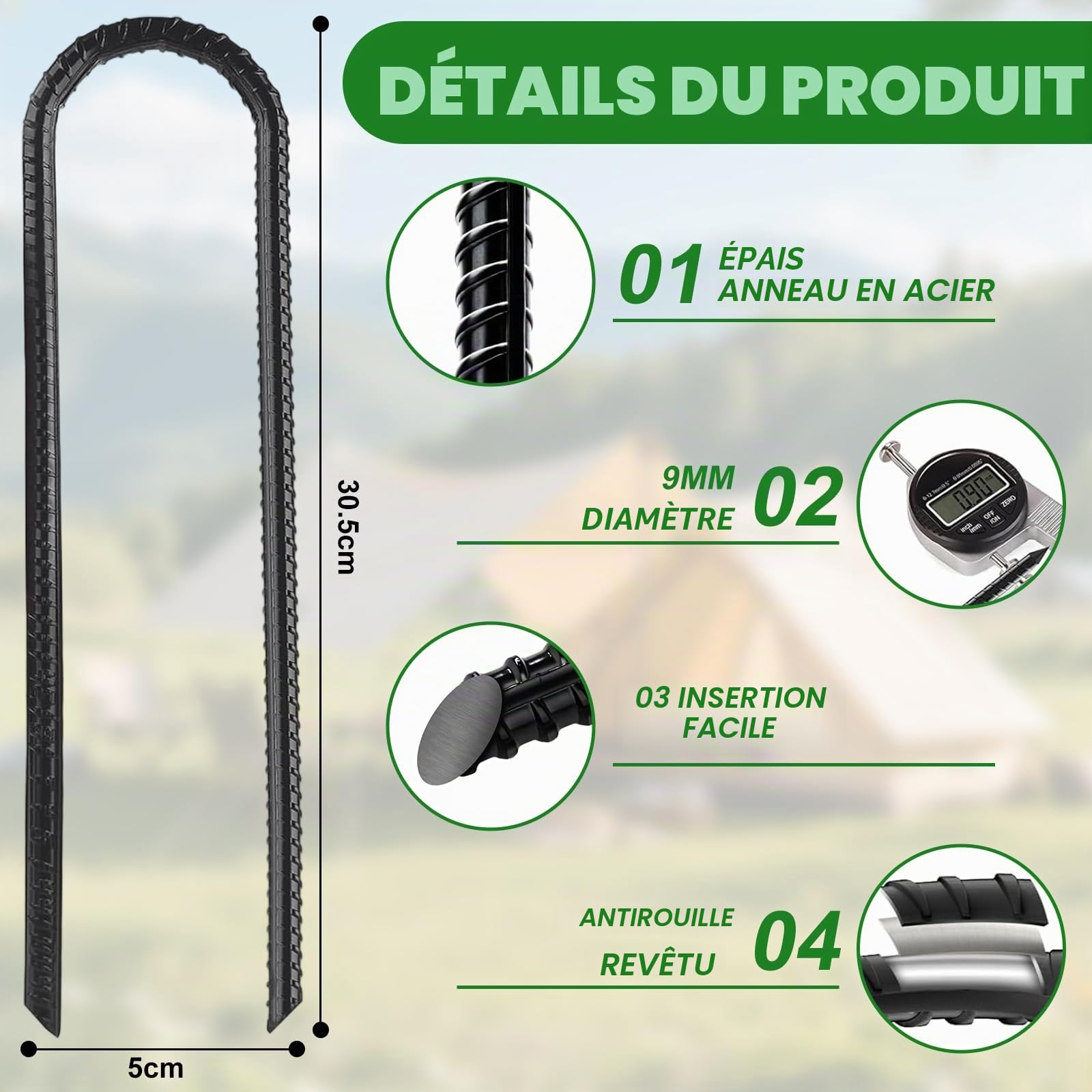 Piquets de Tente en Acier Galvanisé 30cm avec Crochets pour Camping, Trampoline, Balançoire