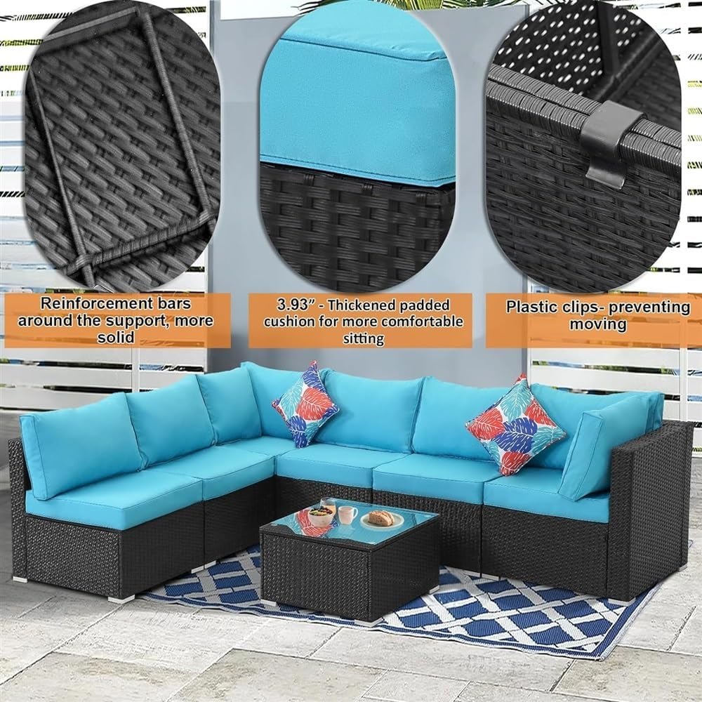 Patio Sectional Furniture Set, 7 Pieces Outdoor Patio Furniture Set Sectional Rattan Sofa Manual Wicker Patio Conversation Set,1 Tempered Glass Tea Table and Cushions Covers