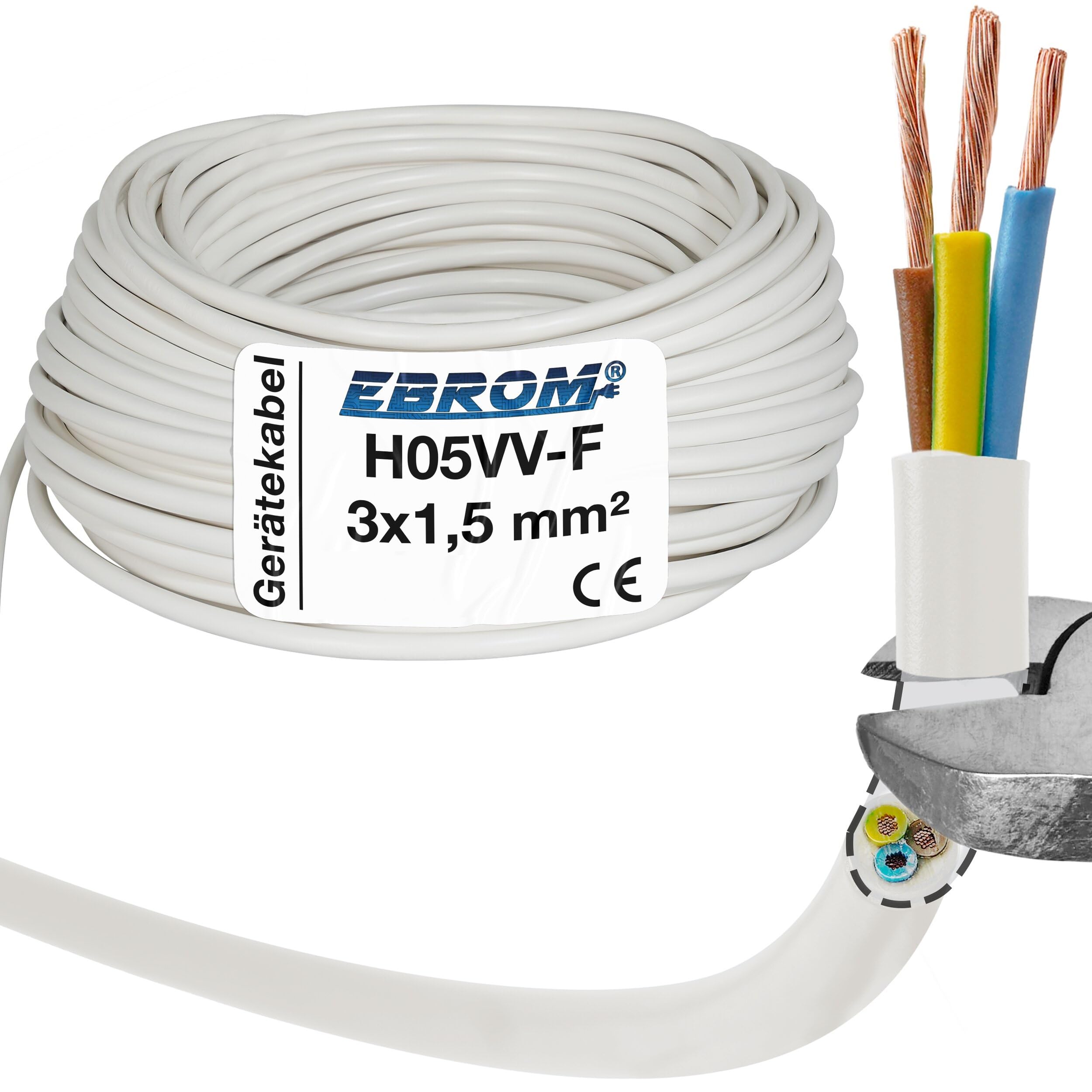 Cavo flessibile H05VV- F 3G1,5 mm² - 3 x 1,5 mm², colore bianco, diverse lunghezze disponibili