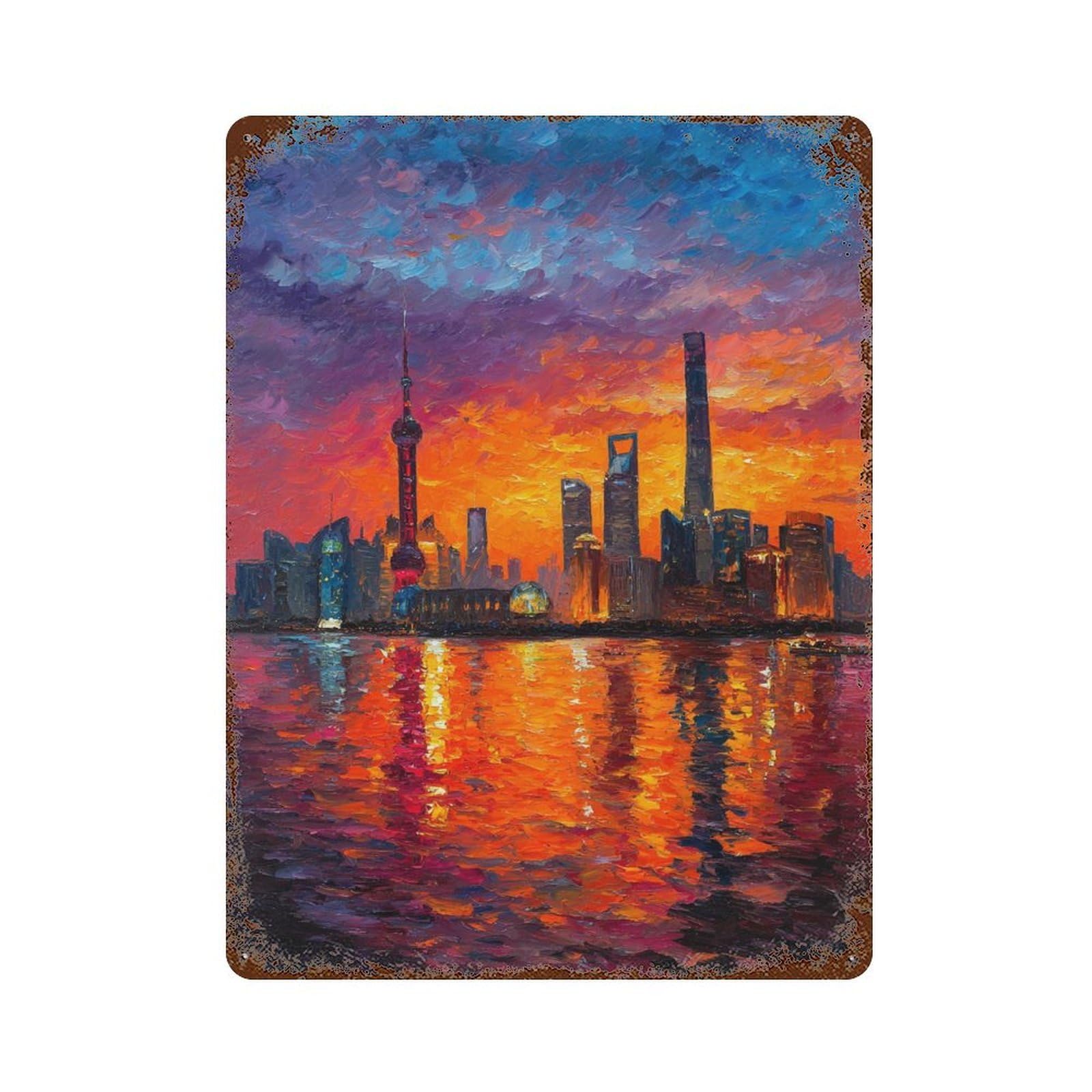 Cityscape Sunset Reflections -2 Weathered Tin Sign 15.7"x11.8", Rustic Home Decor for Garage, Pub Or Kitchen