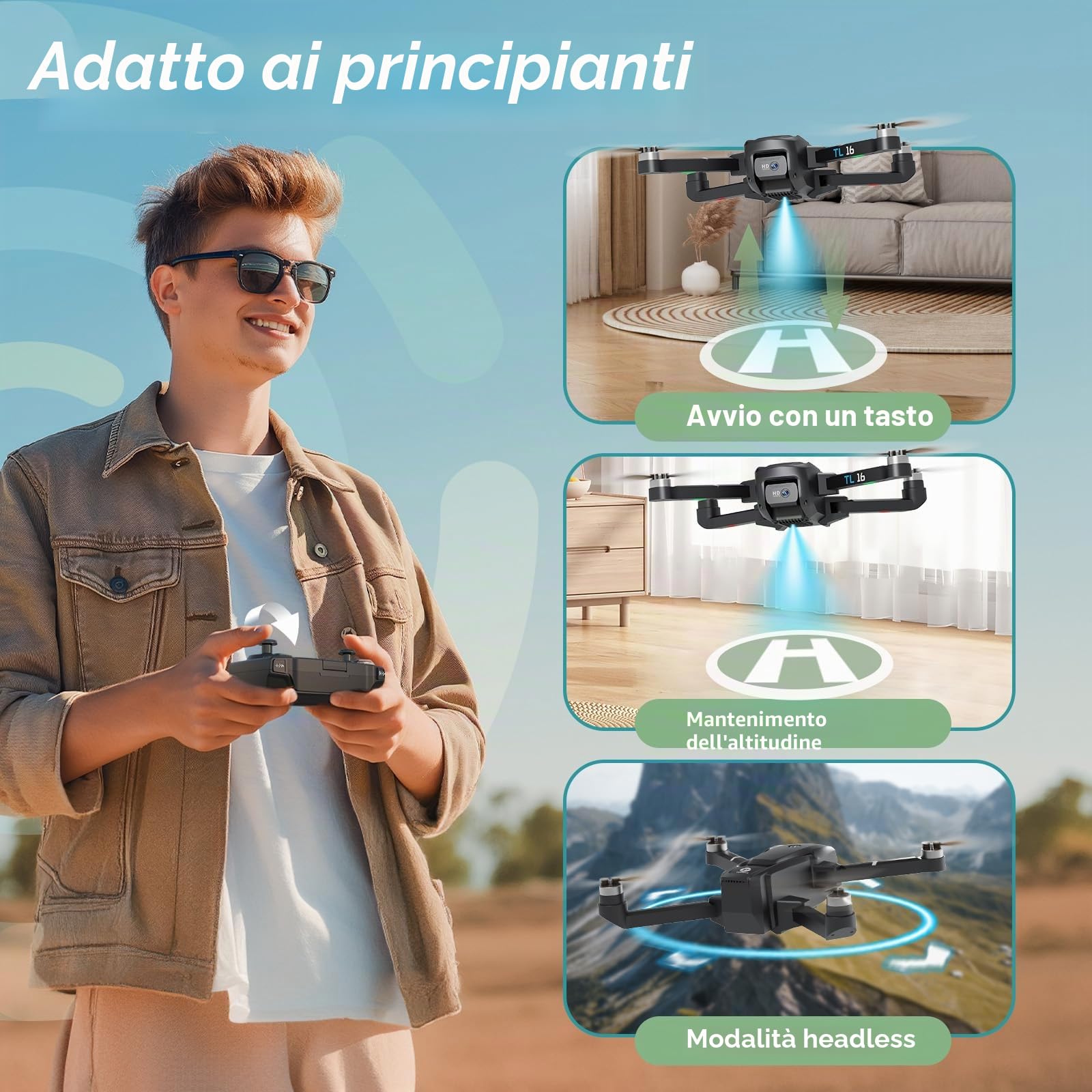 Drone con Telecamera Motore Brushless Drone Adulto Principiante 2 Telecamera RC Quadcopter Pieghevole Regolabile Droni Elettrico 1080P Controllo APP 3D Flip Facile da Volare Giocattoli TL16 UAV