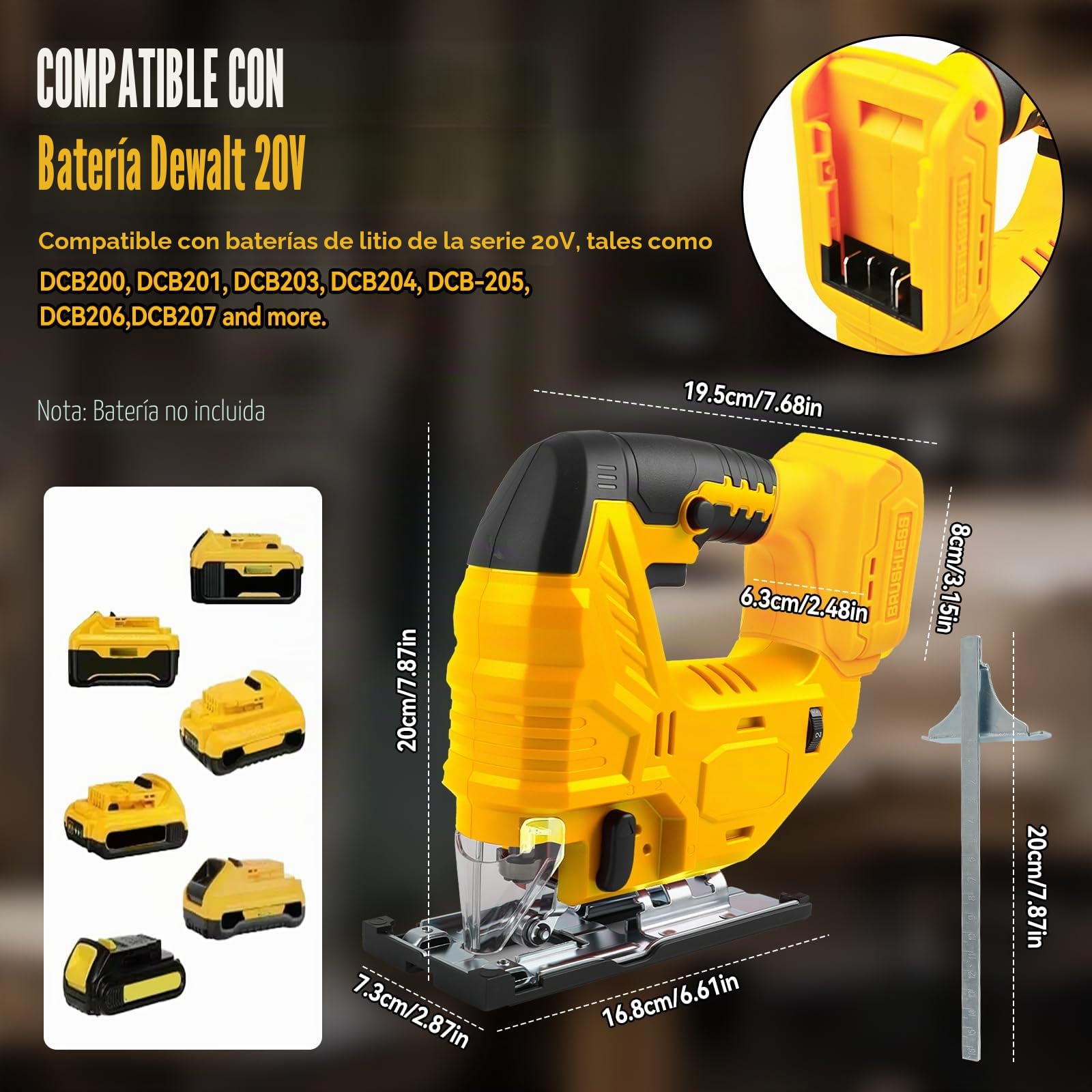 Sierra de calar eléctrica Compatible con Dewalt 18 V 20 V 800 W sin escobillas con luz LED, 5 velocidades variables, ángulo de corte de inglete ±45°, 6 piezas