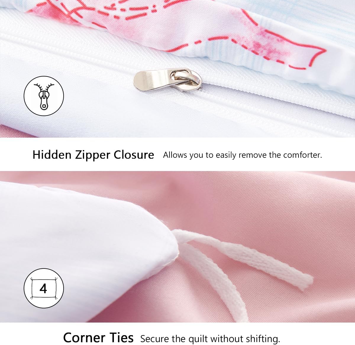 Girls Duvet Cover Set Queen Size Pink Bowknot and Blue Gingham Printed Design,Cozy Bedding Set 3pcs Simple and Elegant Style,Microfiber Comforter Cover with Zipper Closure and 2 Pillowcases - Image 6
