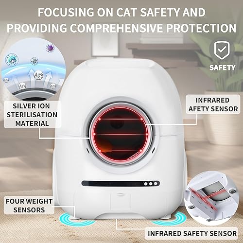 Miniatura 3 de Caja de arena para gatos autolimpiante, caja de arena automática para gatos con conducto de airebolsas de basuracepillo, 68L+9L grande para