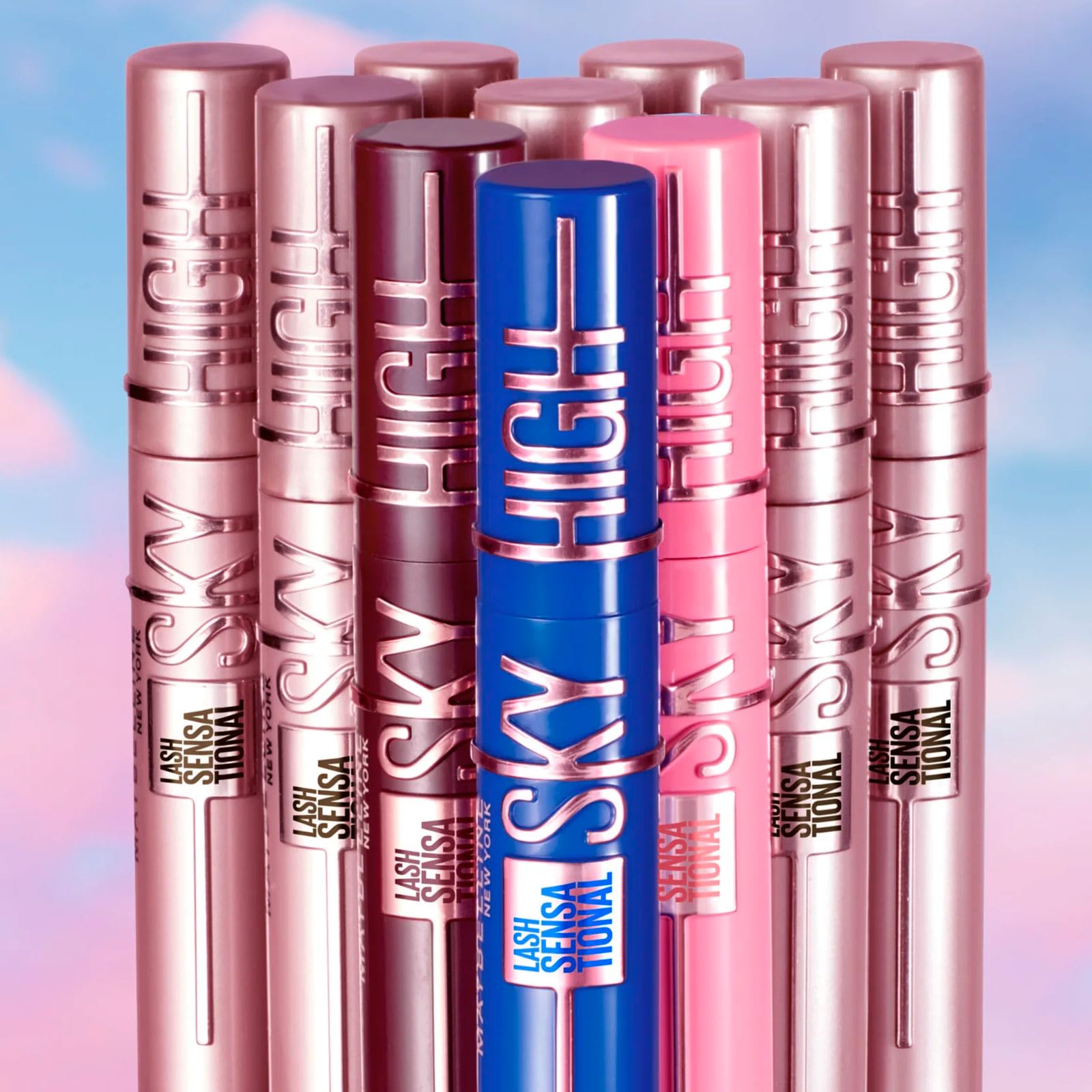 Maybelline New York Mascara Sky High Lash Sensational Volumizzante e Allungante Colorazioni Burgundy Haze + Nero + Cosmic Black + Blue Mist + Primer Nero per Ciglia Morbide - Set da 5