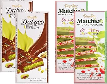 Beyoğlu Dubaco Dubai Style Cocoa and Peanut Cream Chocolate, Matchico Matcha Chocolate Strawberry, 95gr, Set of 4