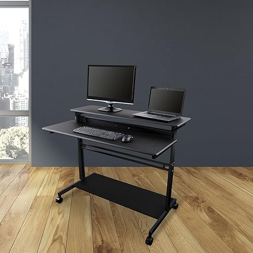 Miniatura 32 de Estación de trabajo para computadora, escritorio con soporte ergonómico móvil con estantes de 48", marco de acero, negro, plateado, (Black Shelves /