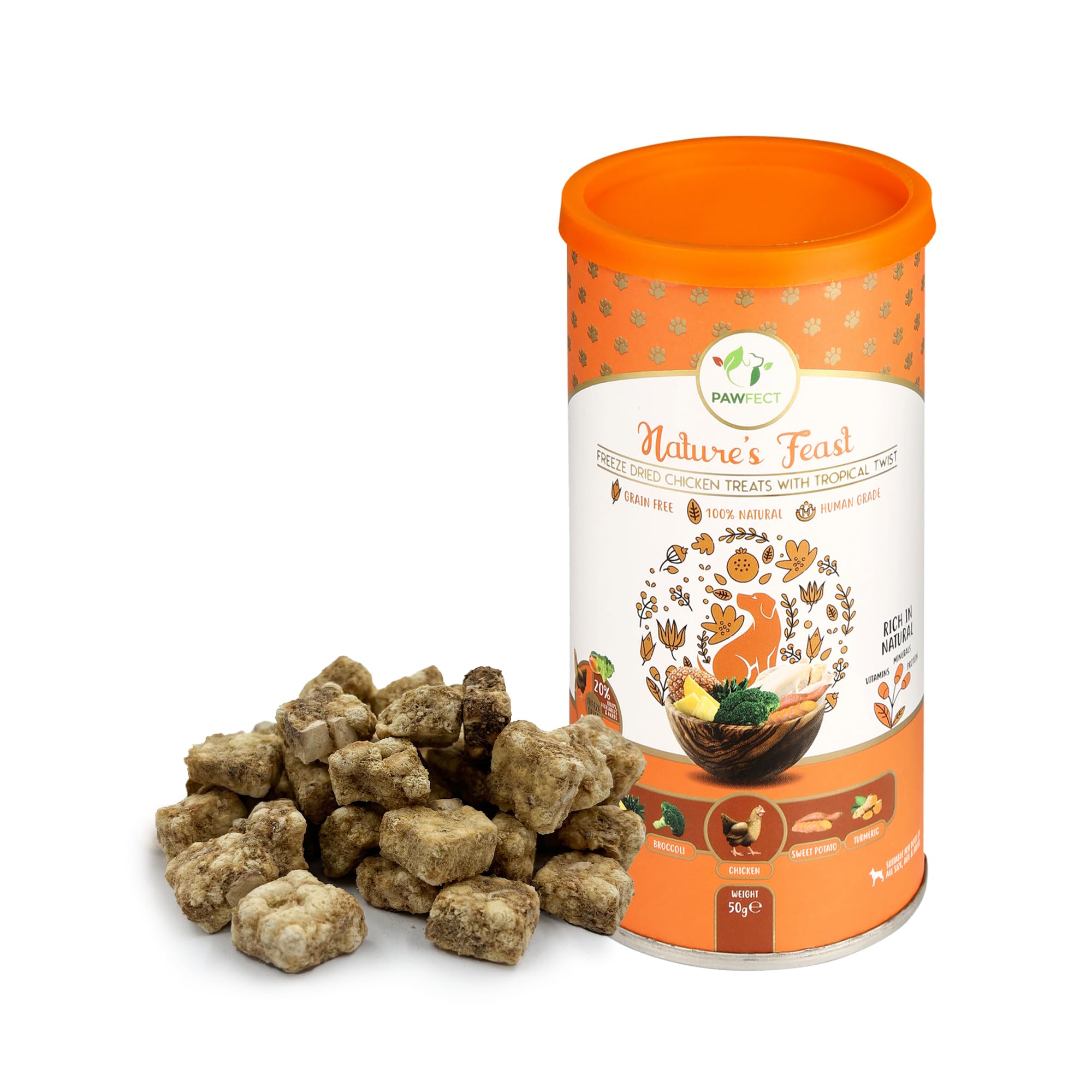 Pawfect Nature's Feast Tropical Twist Freeze-Dried Chicken treats for Dogs - 80% Chicken, 20% Tropical Fruits & Veggies - 100% Natural - Grain-Free, High Protein Training Treats (50g/1.76oz)