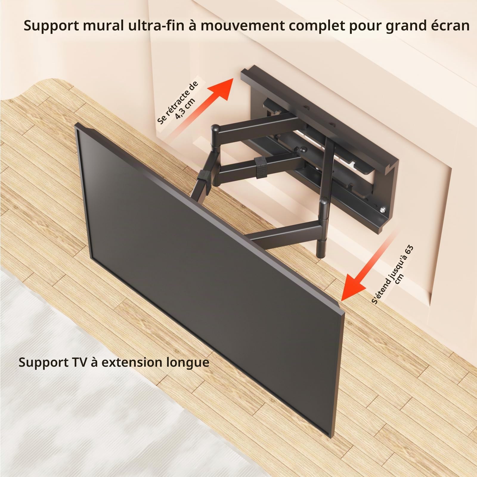 Support Mural TV pour écrans 50-90 Pouces Jusqu'à 85KG, Support TV Mouvement Complet Orientable Inclinable Extensible, Accroche Television, Fixation TV Murale Bras Articulé, Max VESA 650x600