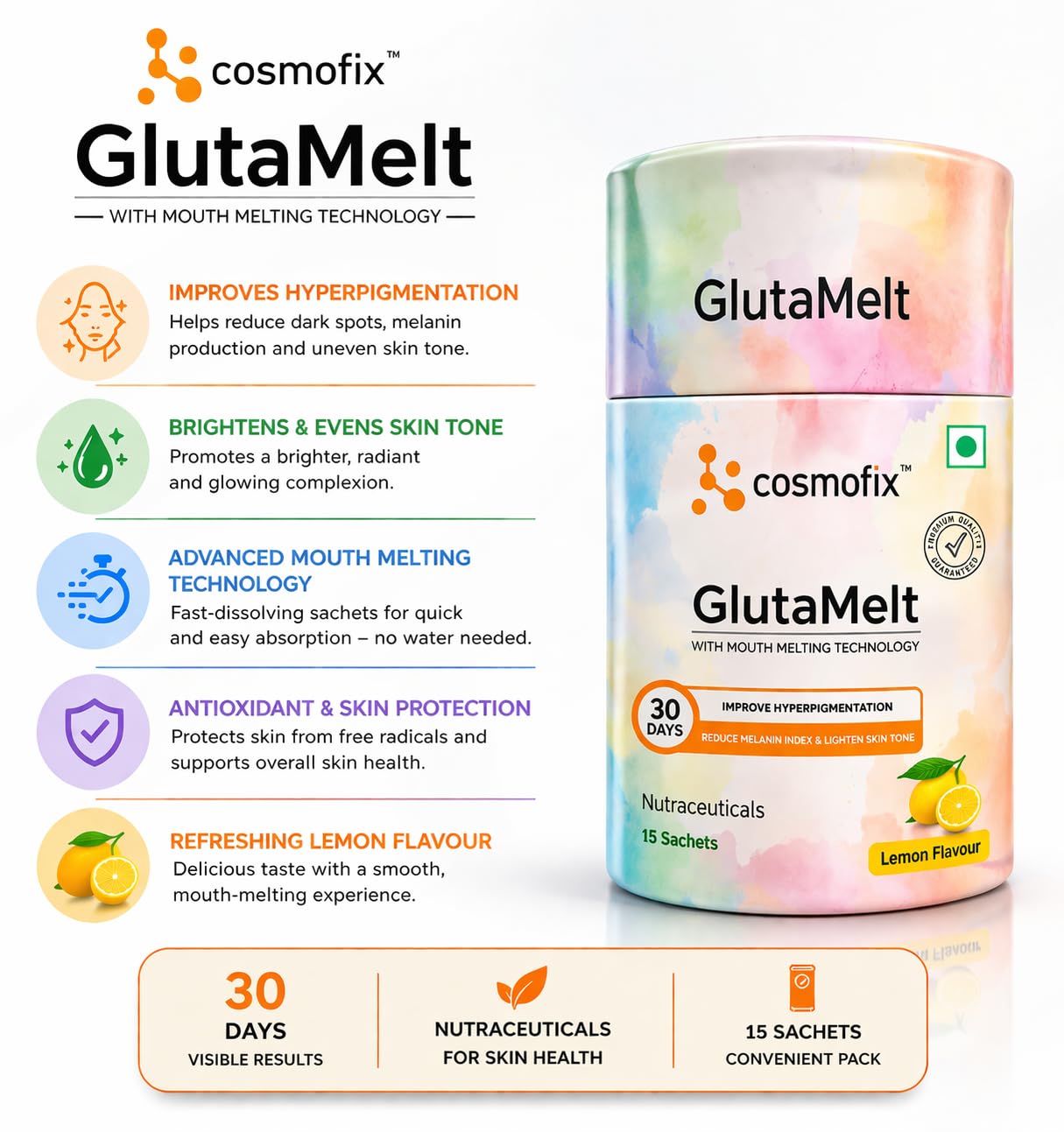 Cosmofix GlutaMelt Skin Supplement with Mouth Melting Technology, Lemon Flavour, 15 Sachets — Amazon image 6