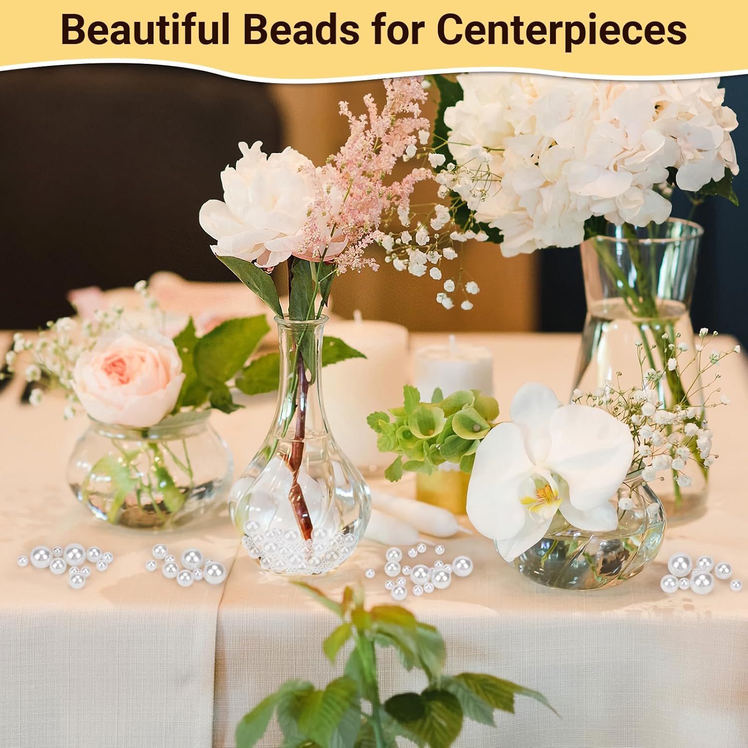 Suream 2600PCS Vase Filler Pearls, 8mm/0.31in No Hole Faux Plastic Pearls for Crafts, Decorative Bulk Filler Beads for Home Centerpiece, Makeup Brush Holder, Wedding Candles, Table Scatter