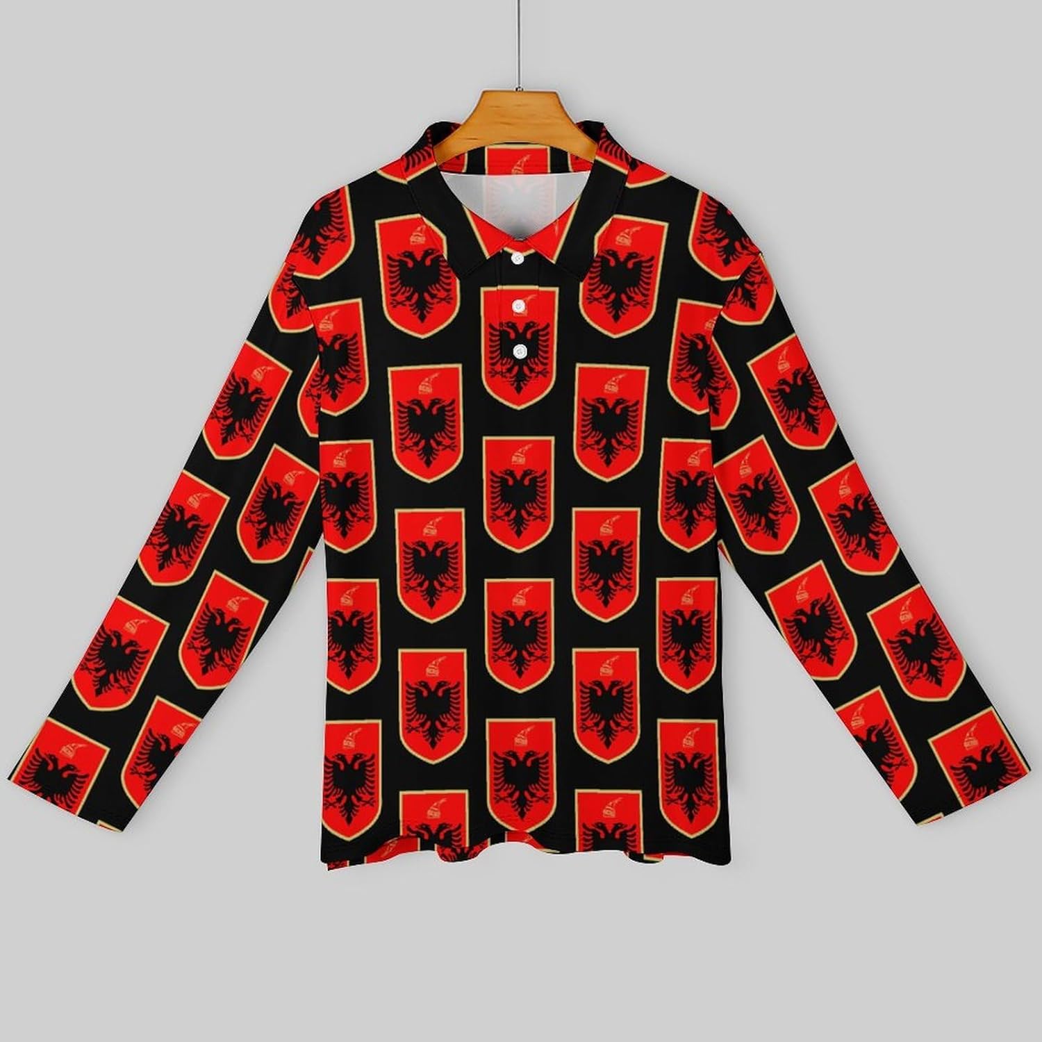 Albanian Flag Coat of Arms Men's Polo Shirts Long Sleeve Jersey Golf Regular Fit Button Closure
