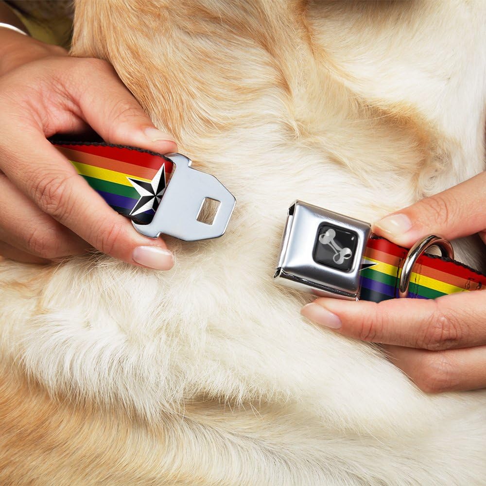Dog Collar Seatbelt Buckle Nautical Star Rainbow White Black 15 to 26 Inches 1.0 Inch Wide