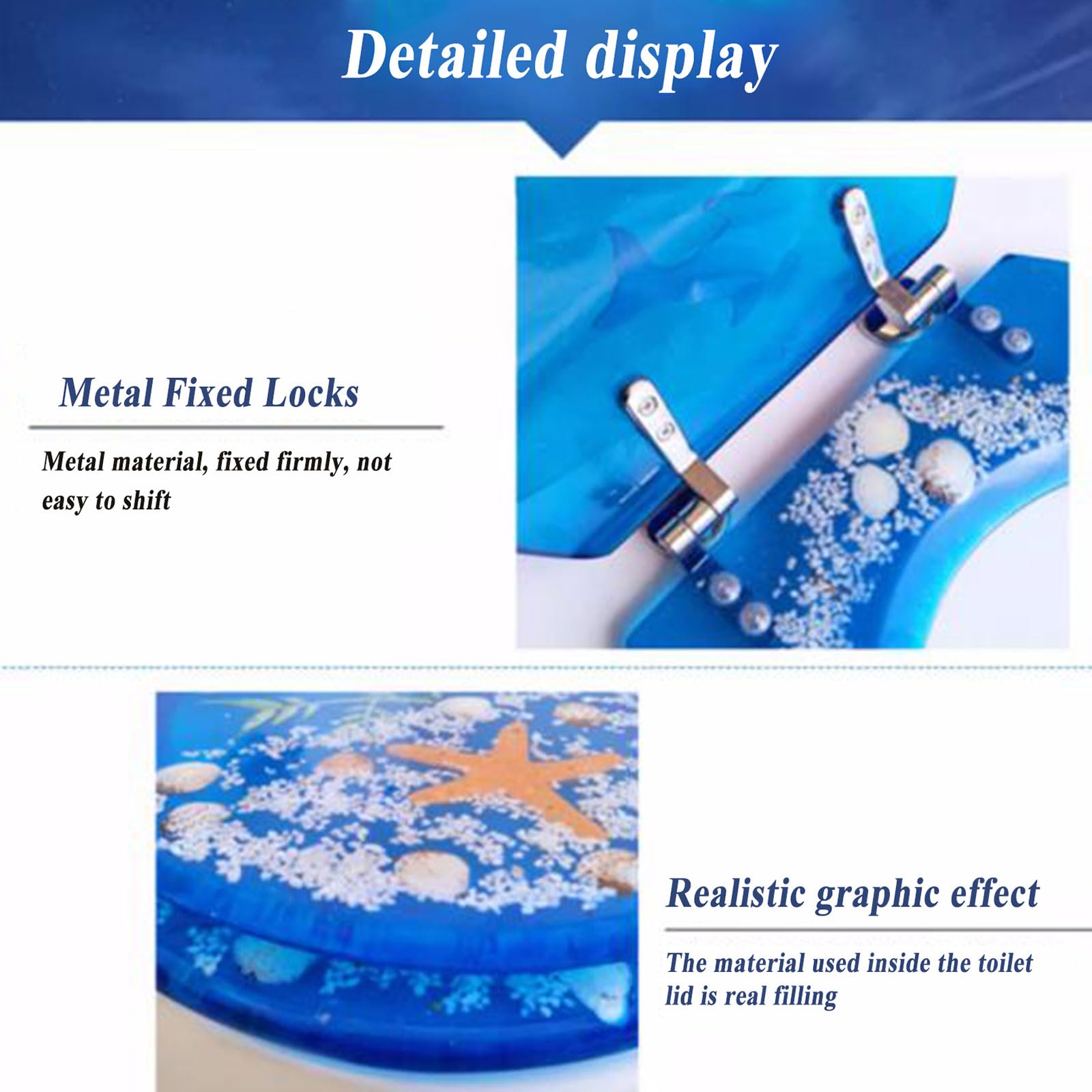 Abattant WC avec Frein De Chute, Abattant WC avec Frein De Chute, WC Clipsable en Résine, Facile À Installer, Charnière en Acier Inoxydable,Série Océan 3D