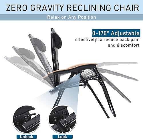 Miniatura 5 de PHI VILLA Juego de 2 sillas acolchadas XXL de gravedad cero, reclinables plegables para patio, asiento antigravedad de 30 pulgadas de ancho con Negro
