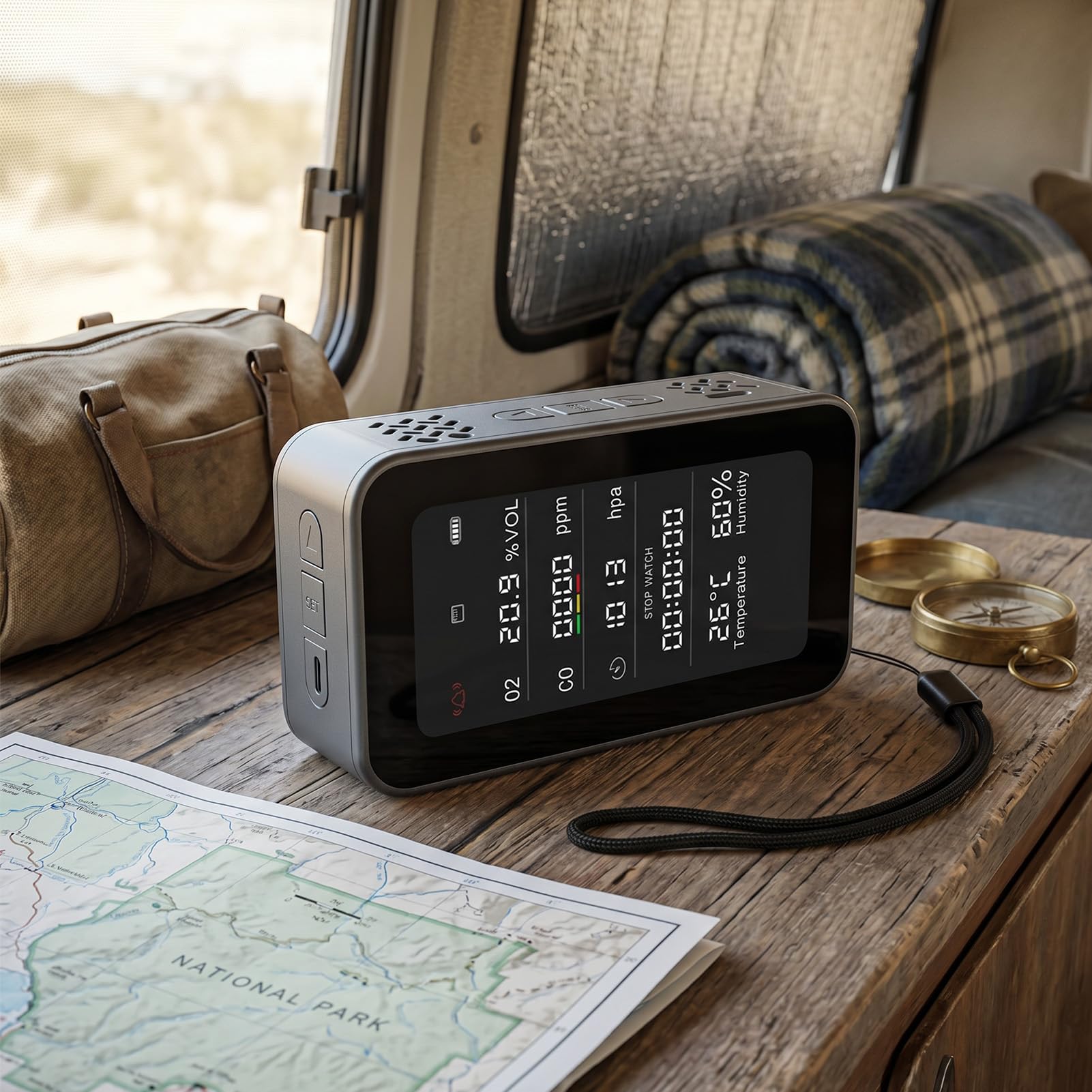 Fafeicy Rilevatore di qualità Dell'aria, Tester Esterno Portatile con Torcia di Emergenza e Allarme di Rilevamento di Ossigeno, Display di Pressione di umidità e Temperatura, Grigio