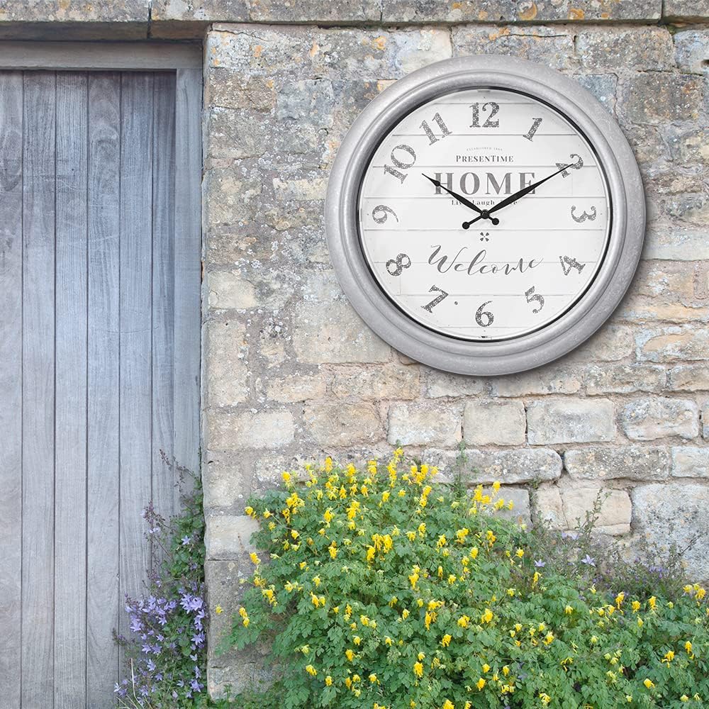 Presentime & Co 18" Vienna Modern Farmhouse Luminous Indoor/Outdoor Clock, Shiplap Style, Galvanized Silver Finish, Night Light with Smart Sensor, Wall Decoration, Outdoor Lights & Decoration.
