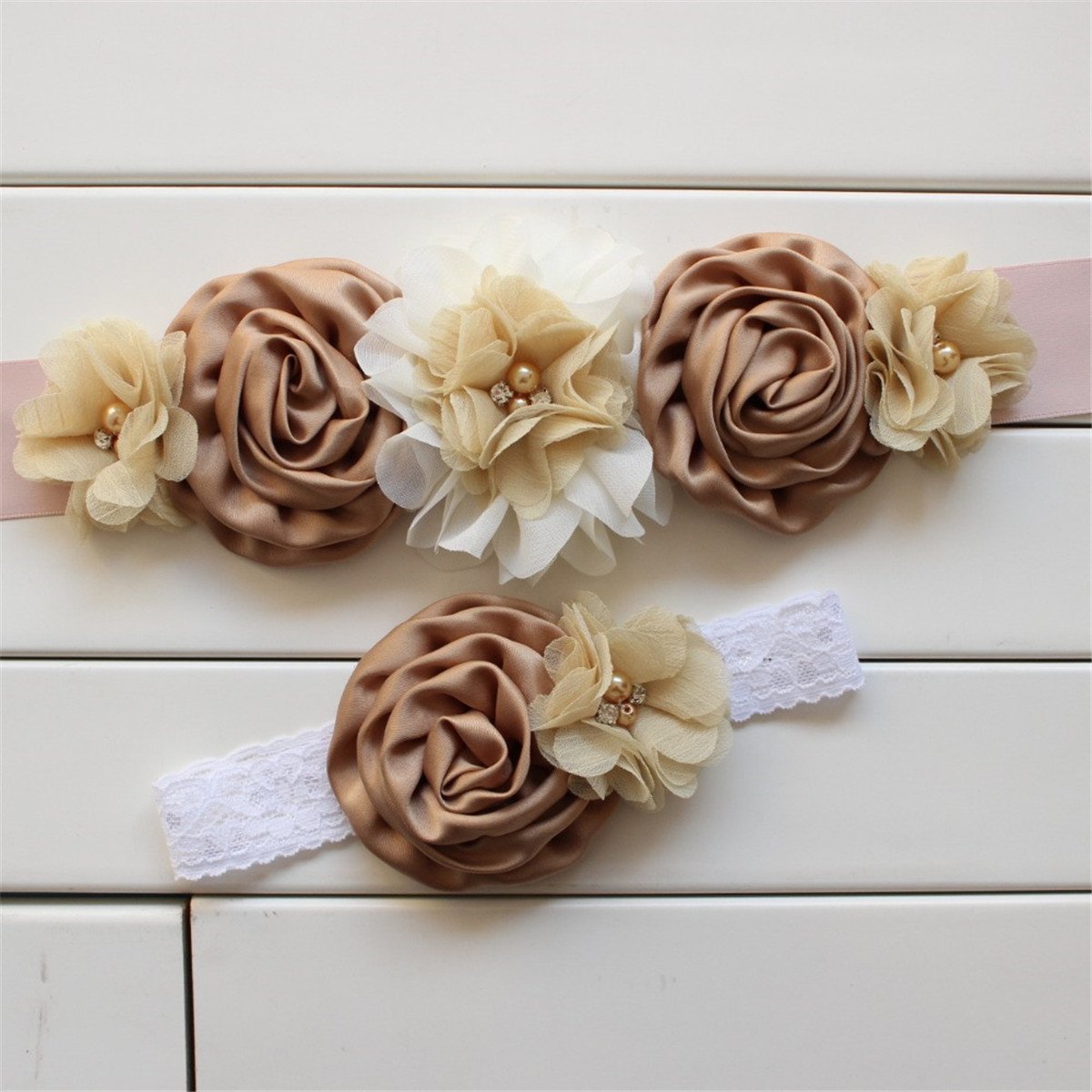 Fashion Damen Satin Seide SchäRpe Blume GüRtel GüRtel FüR Hochzeit Braut Retro Rose Pearl Mutterschaft SchäRpe Stirnband