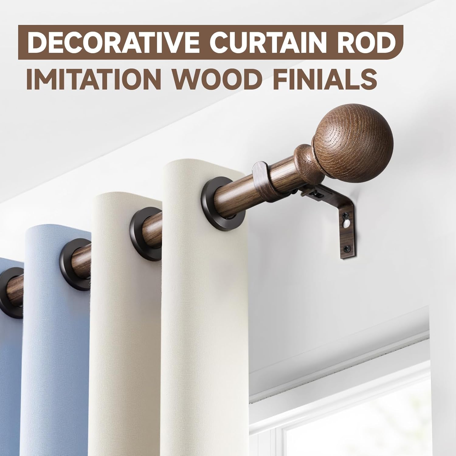 BRIOFOX Walnut Wood Curtain Rods for Windows 48 to 84 Inch(4-7.33ft) - 1'' Diameter Heavy Duty Curtain Rods with Imitation Wood Grain Pattern Finials,Adjustable Decorative Curtain Rods Set,28-88''