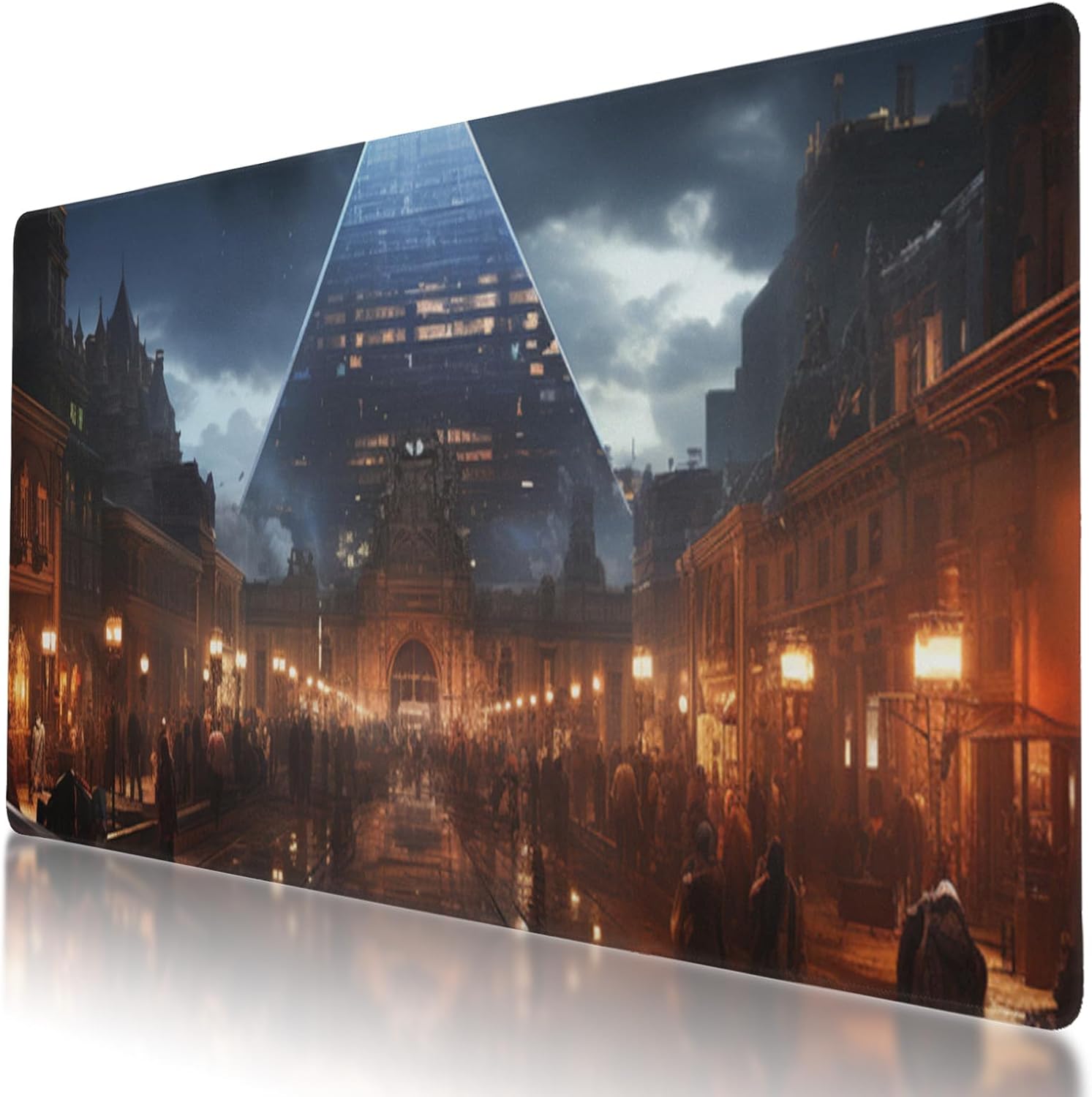 Large Gaming Future City Under The Pyramid Design Mouse Pad 35.5 x 16 Inch, Non-Slip Base, Water Resistant, Ideal for Gamers, Office & Home