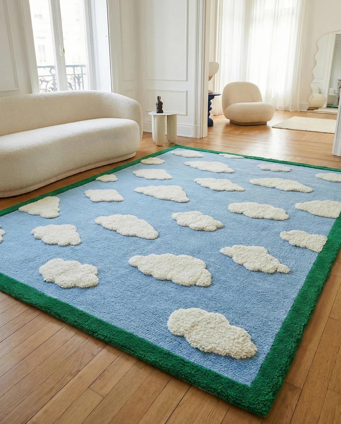 Sky Green Handmade Tufted Floral Desing Wool Area Rug and Carpet Living Room