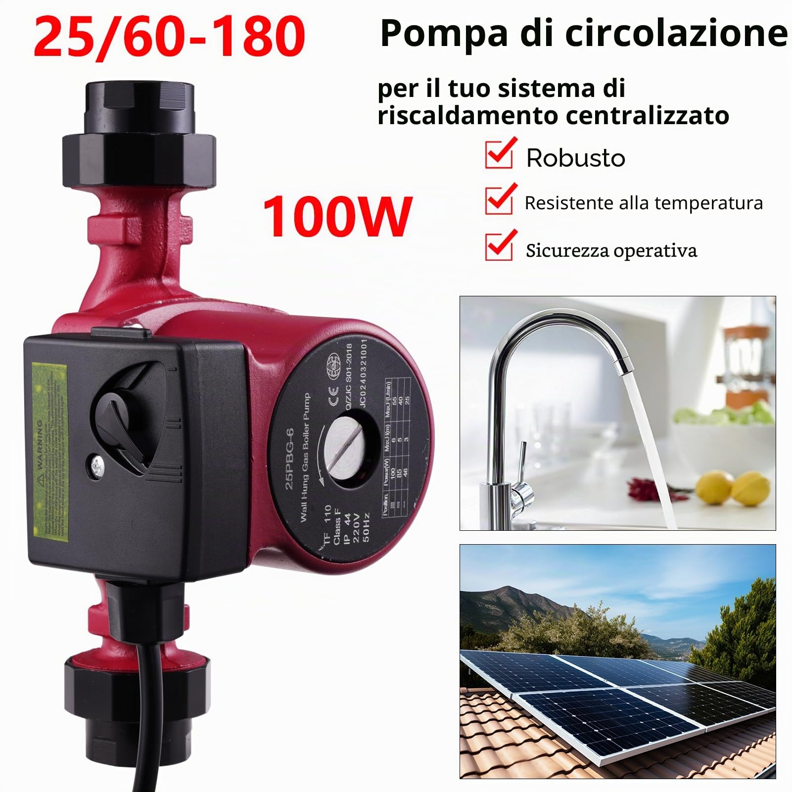 Pompa di circolazione per riscaldamento, RS25-6/180, pompa di riscaldamento con 3 livelli di potenza (46/85/100W), circolazione per acqua calda, pressione a 3 stadi (3/5/6m),piscina