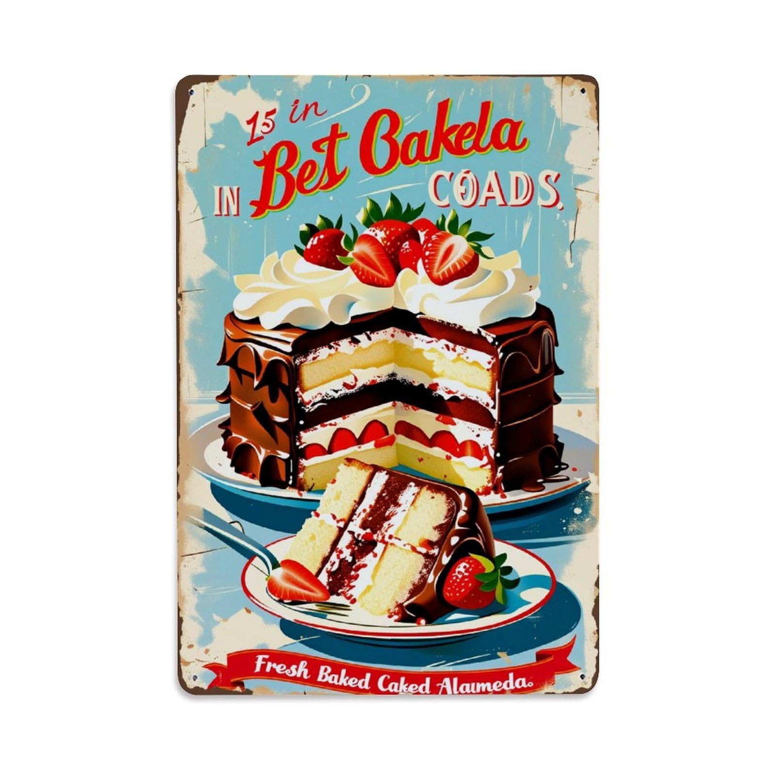 Jdyaojiesheng Vintage Layered Cake With Strawberries And Chocolate Tin Sign Retro Metal Wall Decor Metal Poster, Home Bar Garage Farmhouse Cafe Wall Art Decoration 8X12inches