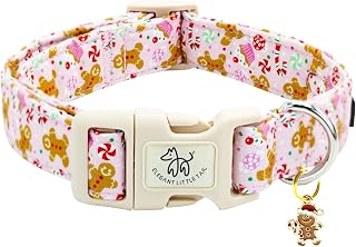 Elegant little tail Christmas Dog Collar, Pink Gingerbread Man Pet Collars | Soft Cotton, Winter, Quick Release Buckle, Pet Collars for Small Medium Large Dogs, Cute Pendant, for Christmas Party, M