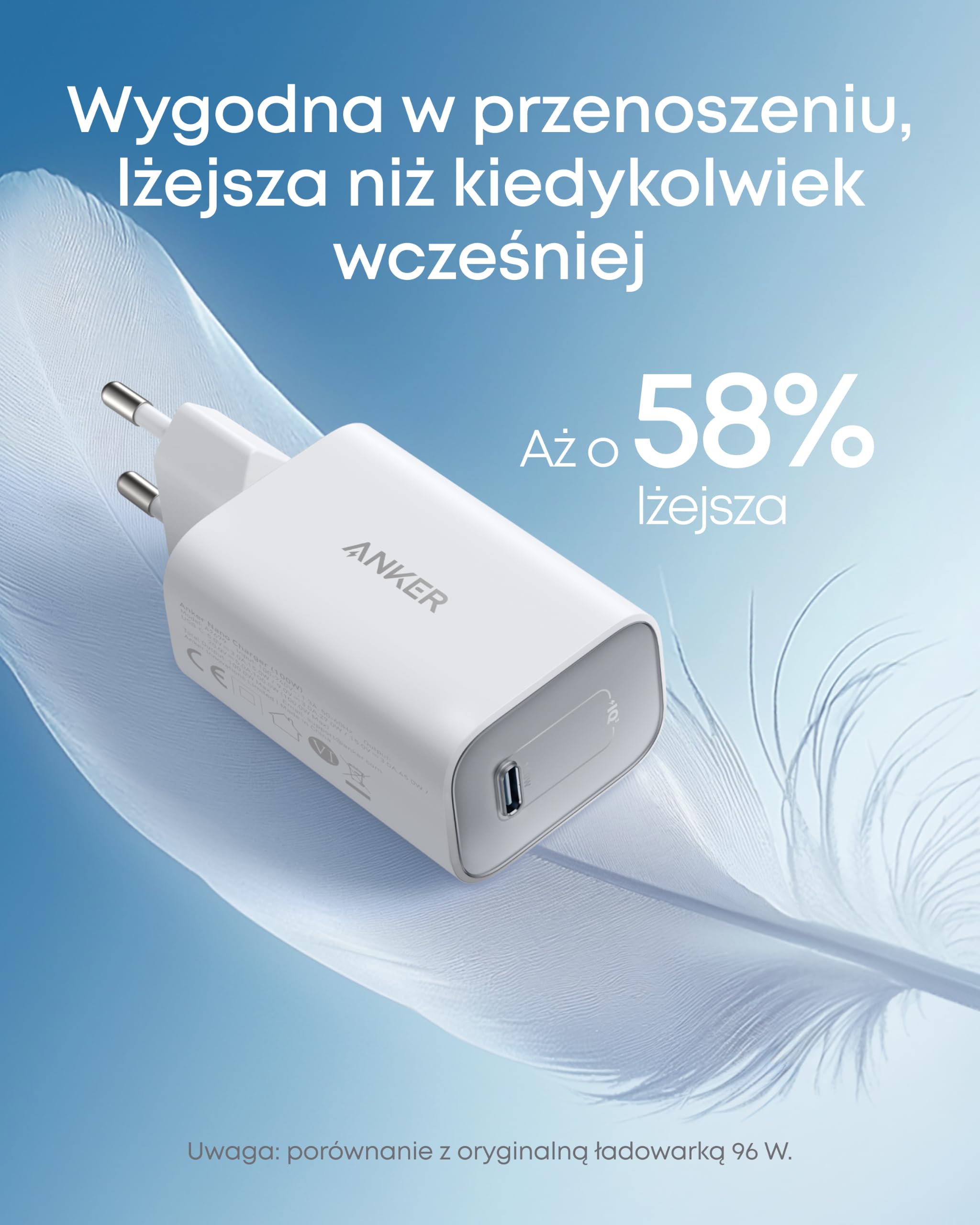 Anker Nano Ładowarka 100 W, Ładowarka 100 W do MacBooka, Zasilacz do MacBooka, iPada, iPhone’a 17/16, Galaxy oraz wszystkich urządzeń USB‑C, w zestawie kabel USB‑C 1,8 m (biały)