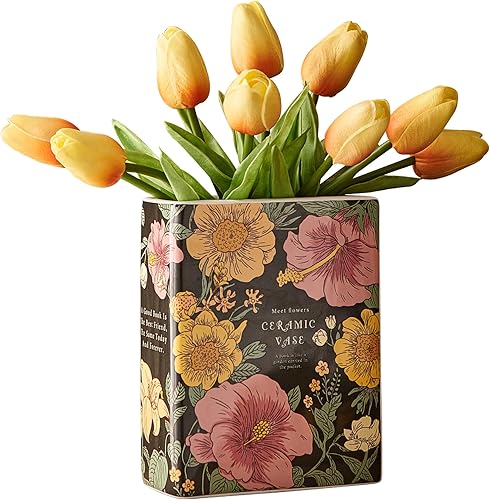 Miniatura 1 de Florero de cerámica negra con forma de libro, jarrón rectangular estético para flores, decoración única del hogar para centro de mesa, decoración de
